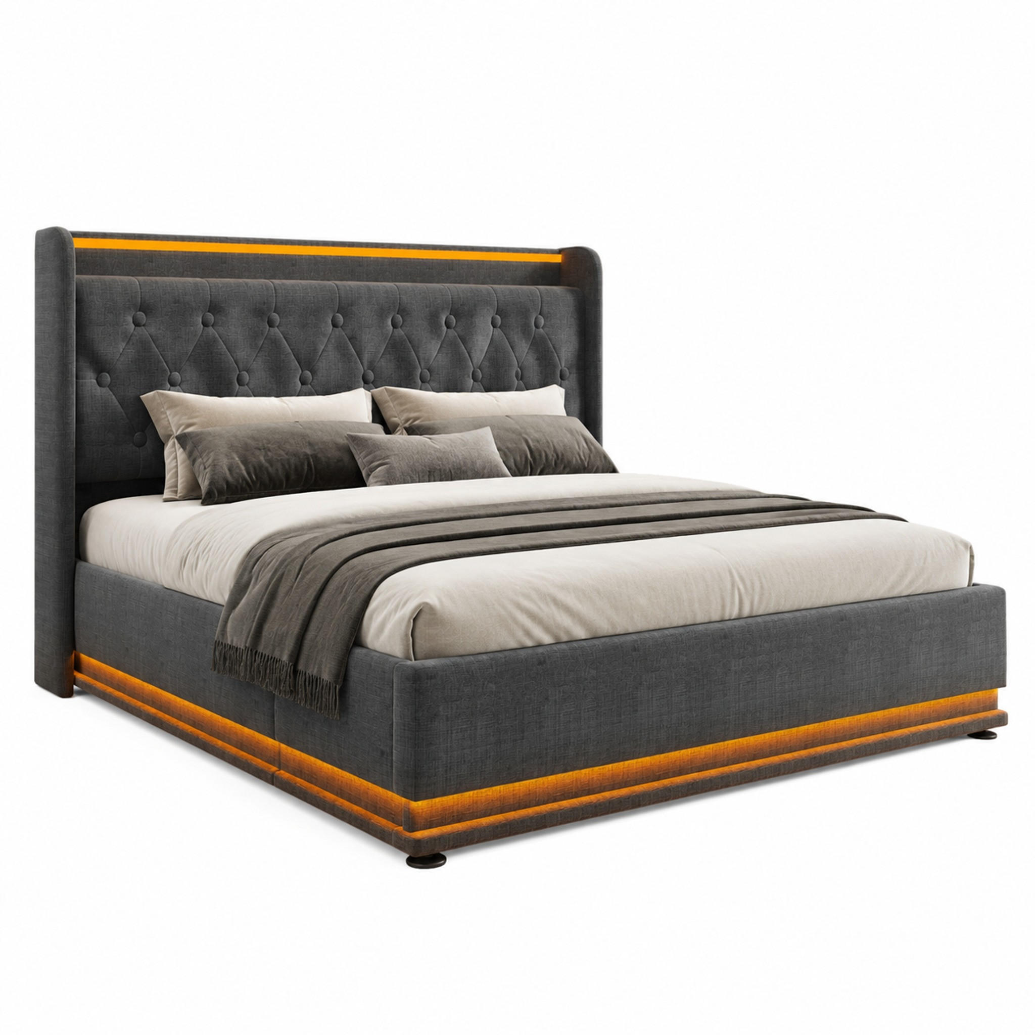 BETT mit Stauraum und LED 140x200 cm Leinen Grau - Grau, Metall (140/200cm) - Meubliv