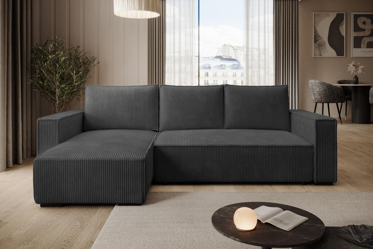 ECKSOFA CUDDY L, Eckcouch in L-Form mit Schlaffunktion und Bettkasten, Farbe: Dunkelgrau, Cordstoff, Ottomane Links - Dunkelgrau, Textil (240/140cm) - Storez24