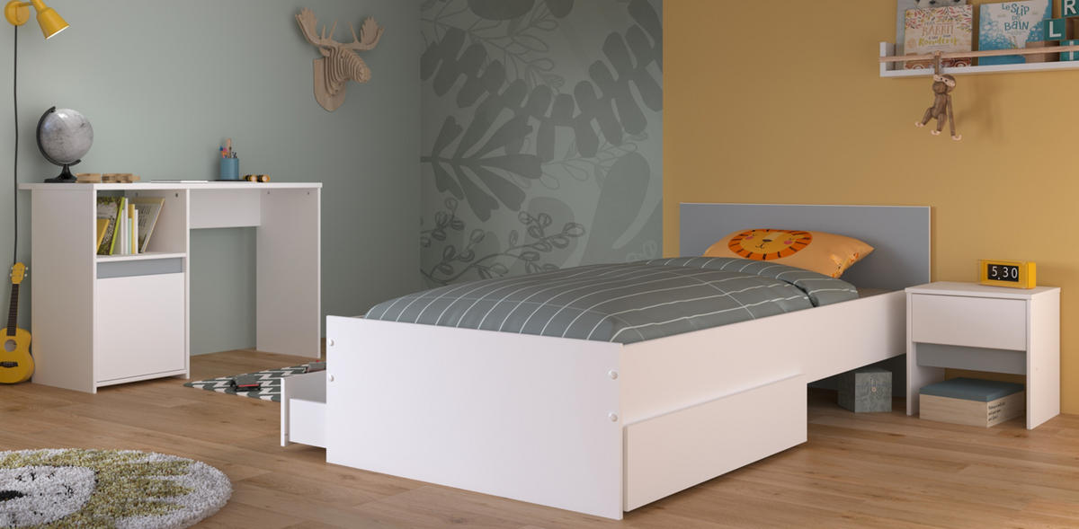 KINDERZIMMER Set 3-tlg. Stauraumbett 90x200 Nachttisch und Schreibtisch - Weiß, Holzwerkstoff (203/75/100cm) - Parisot Meuble