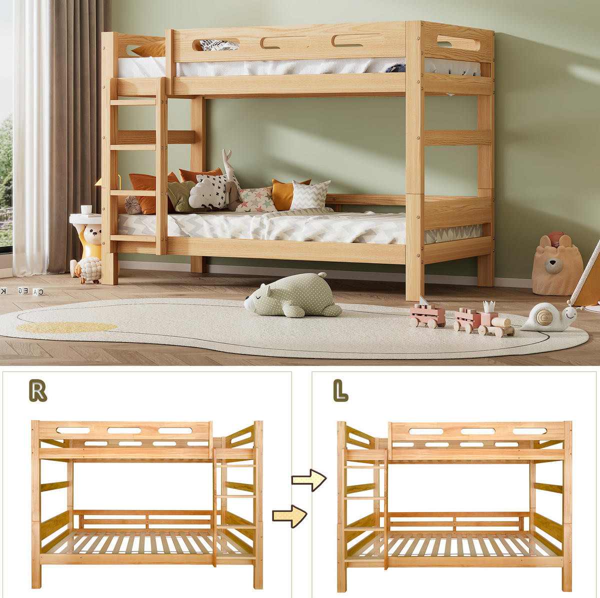 ETAGENBETT 90/200 cm Natur Kiefernholz mit Trennungsmöglichkeit - Naturfarben, Holz (90/200cm) - OKWISH