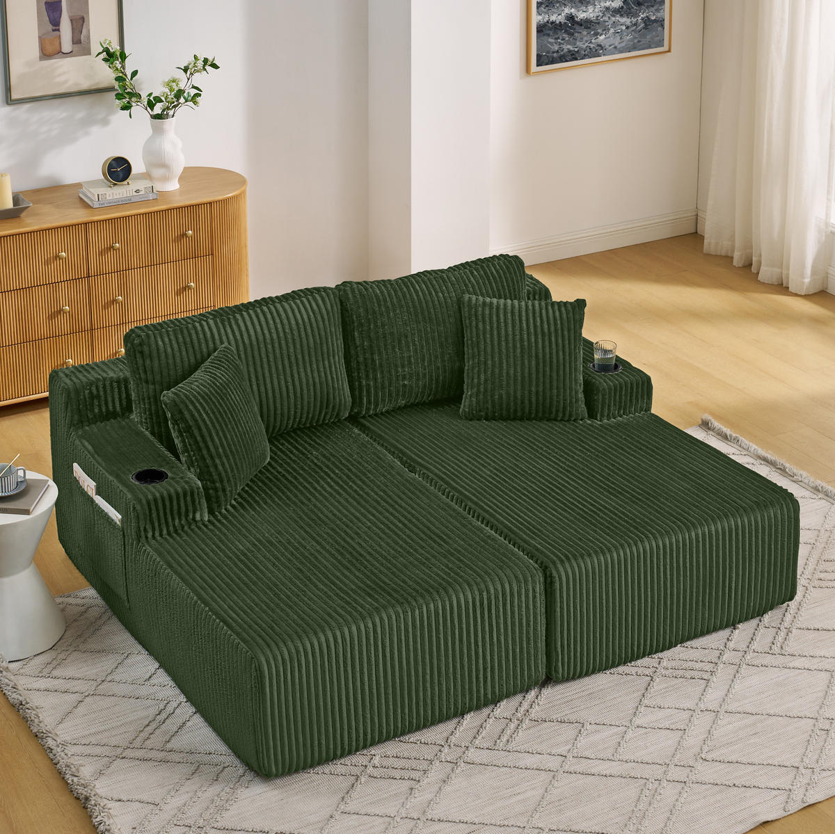 SCHLAFSOFA mit Getränkehalter, Seitentasche und abnehmbaren Kissen aus Schaumstoff, Grün - Grün, Kunststoff (186/78/154cm) - Redom