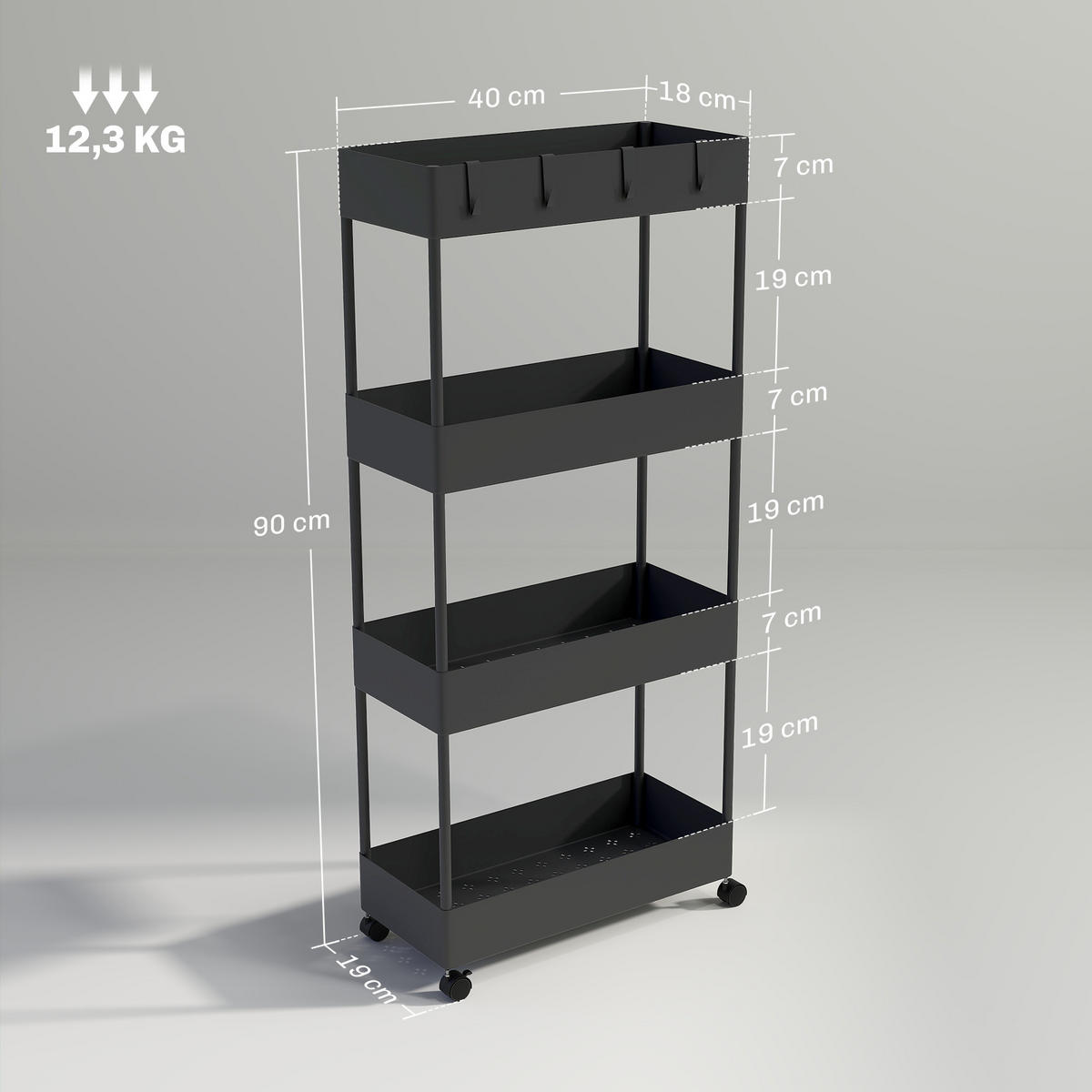 ROLLWAGEN mit 4 Ebenen, Kunststoff, Schwarz, 40 x 19 x 90 cm - Schwarz, Metall (40/90/19cm) - HOMCOM