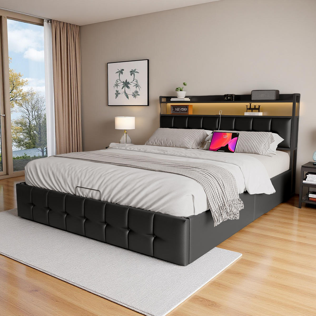 POLSTERBETT 140/200 cm Schwarz mit Bettkasten und USB-Anschlüssen - Schwarz, Holz (140/200cm) - SHOPENTRA