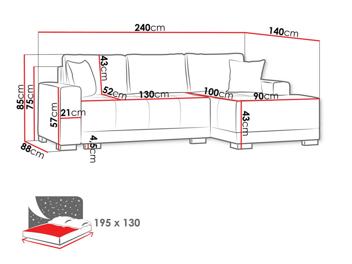 ECKSOFA Dallas, Seite: Links - Schwarz/Grau, Holz/Textil (240/140cm) - MIRJAN24