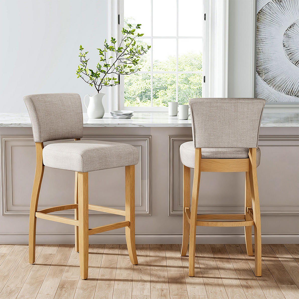 BARHOCKER 2er-Set Rückenlehne Massivholzrahmen aus Leinen und Holz in Beige Braun harmonisches Design Hoher Sitzkomfort 47 x 52,5 x 105,5 cm - Beige/Braun, Holz/Textil (47/105.5/52.5cm) - Livingandhome