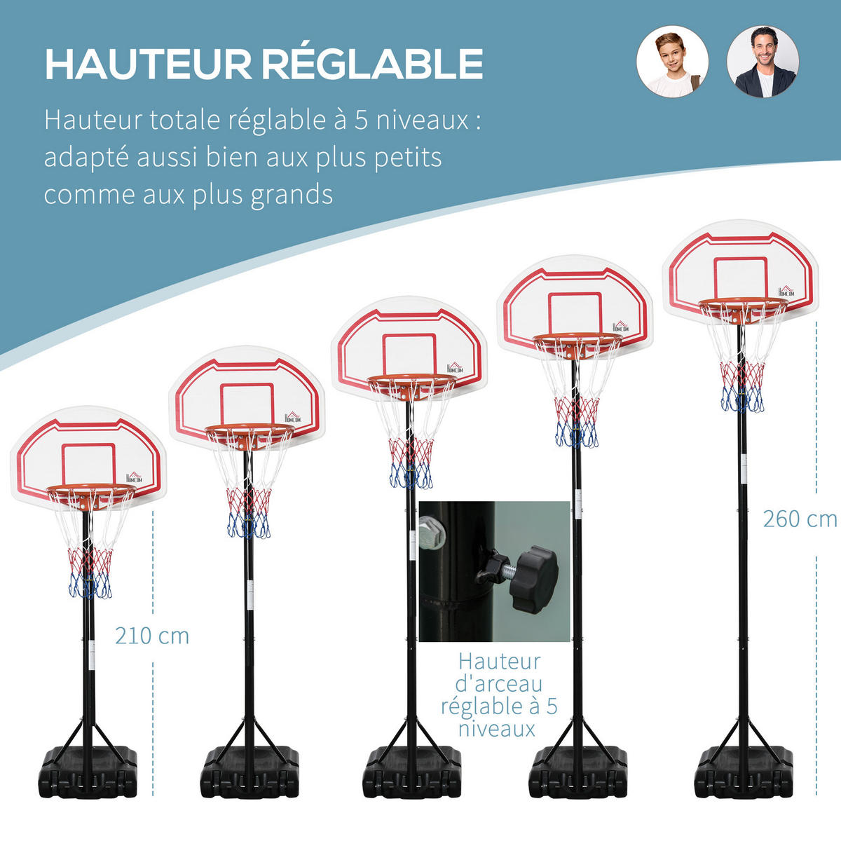 BASKETBALLKORB DE-18514 höhenverstellbar 2,1-2,6 m Schwarz/Weiß/Rot - Schwarz, Metall (76/70cm) - ComfortXL
