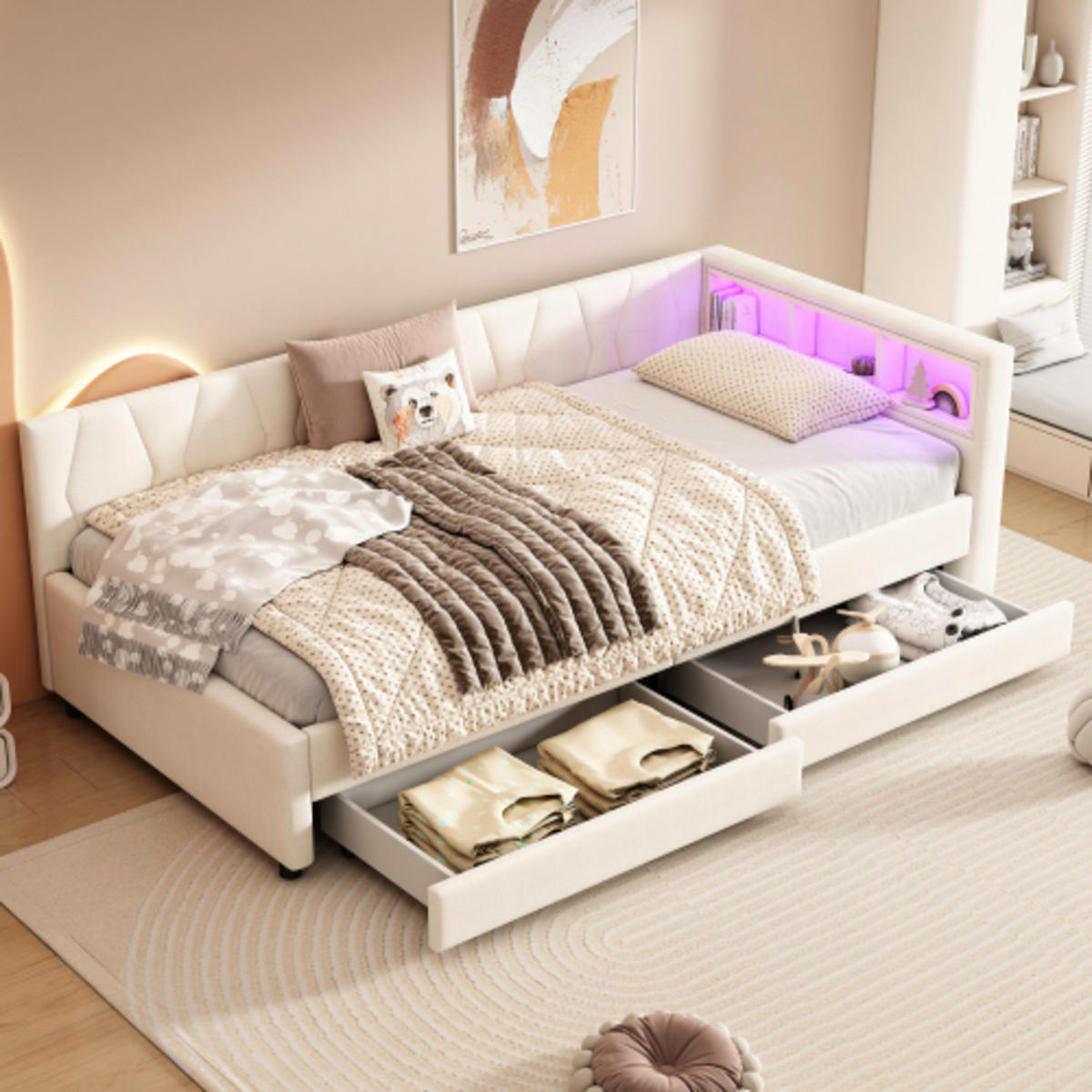 TAGEBETT 90x200cm Beige Leinen Ablagefach 2 Schubladen USB-C LED-Licht - Beige, Holz (90/200cm) - FLIEKS