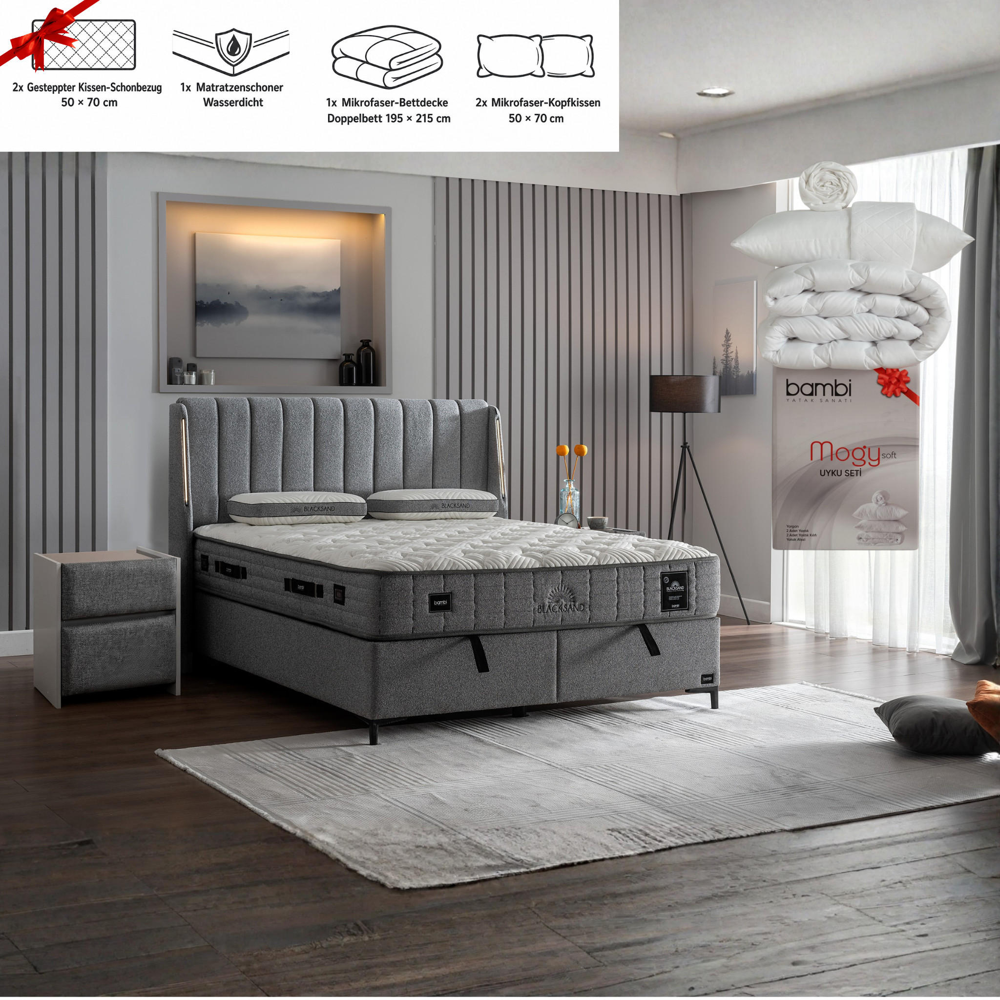 BOXSPRINGBETT Bambi Bett mit Matratze Boxspringbett 160x200 Blacksand Set LED - Grau, Holz/Metall (160/200cm) - Bambi