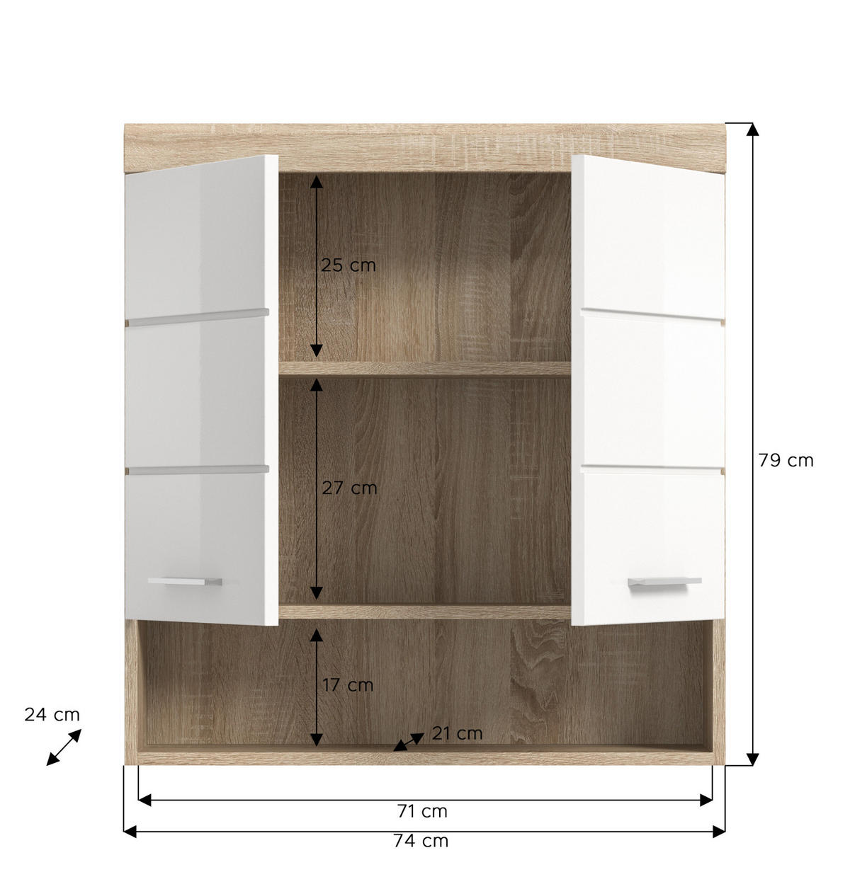 HÄNGESCHRANK weiß Hochglanz, Eiche 74 cm, Badschrank hängend - Weiß Hochglanz/Eichefarben, Holzwerkstoff/Kunststoff (74/79/24cm) - Inn.Furn