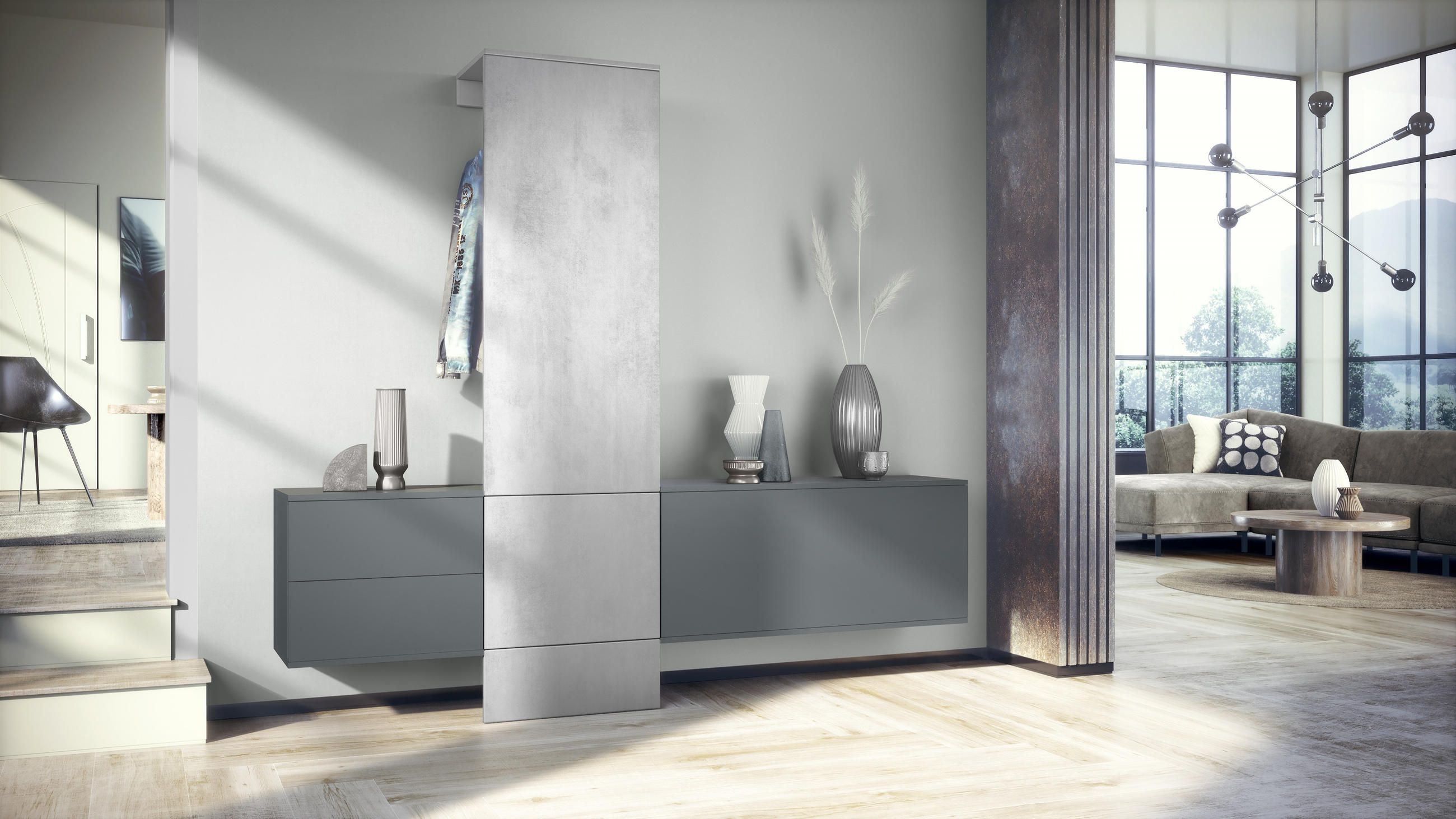 GARDEROBE DualVista Beton Oxid Optik - Hellgrau, Holzwerkstoff (208/193/35cm) - Vladon