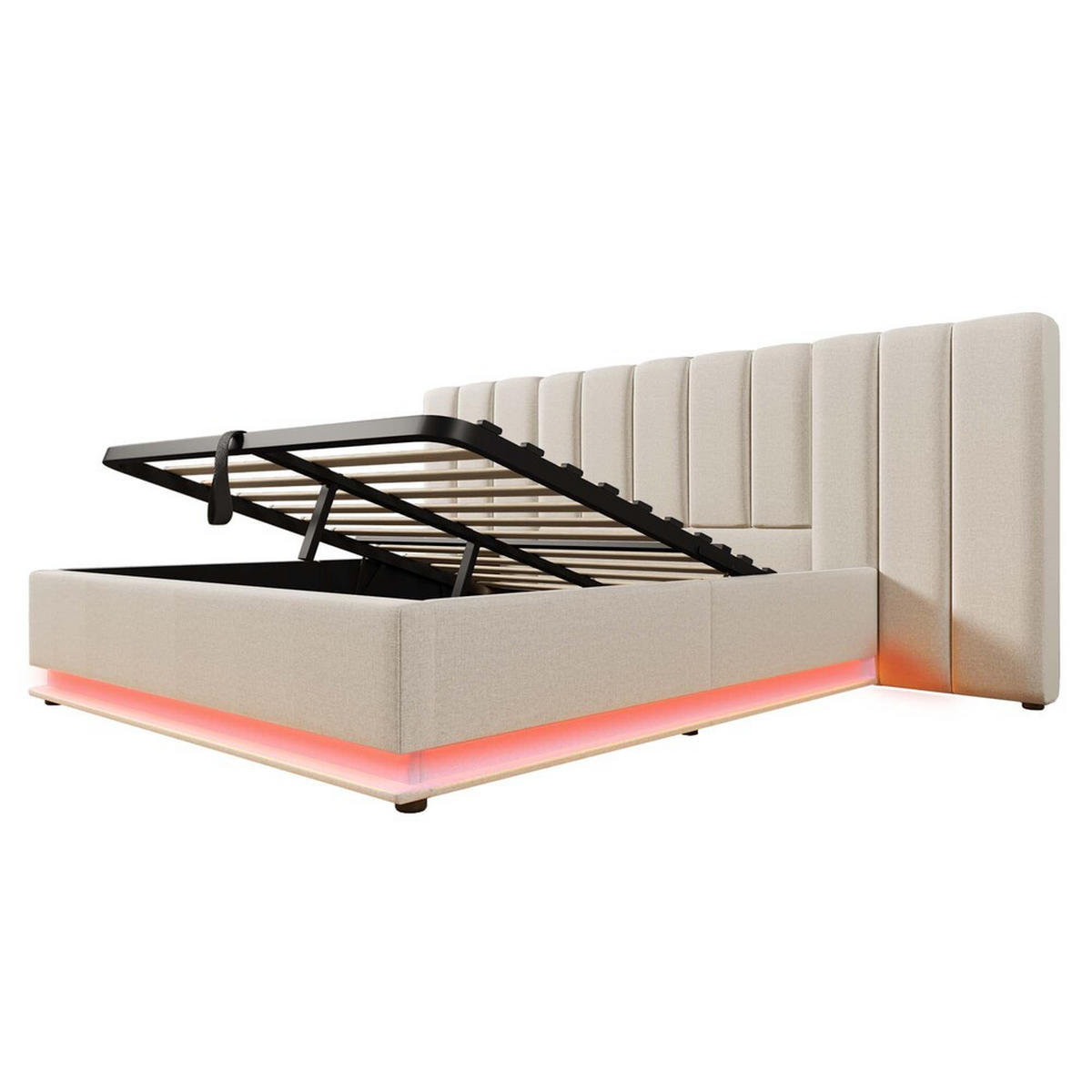 POLSTERBETT 160x200cm Doppelbett App-LED USB-C Stauraum Beige Leinen - Beige, Holz (160/200cm) - FLIEKS