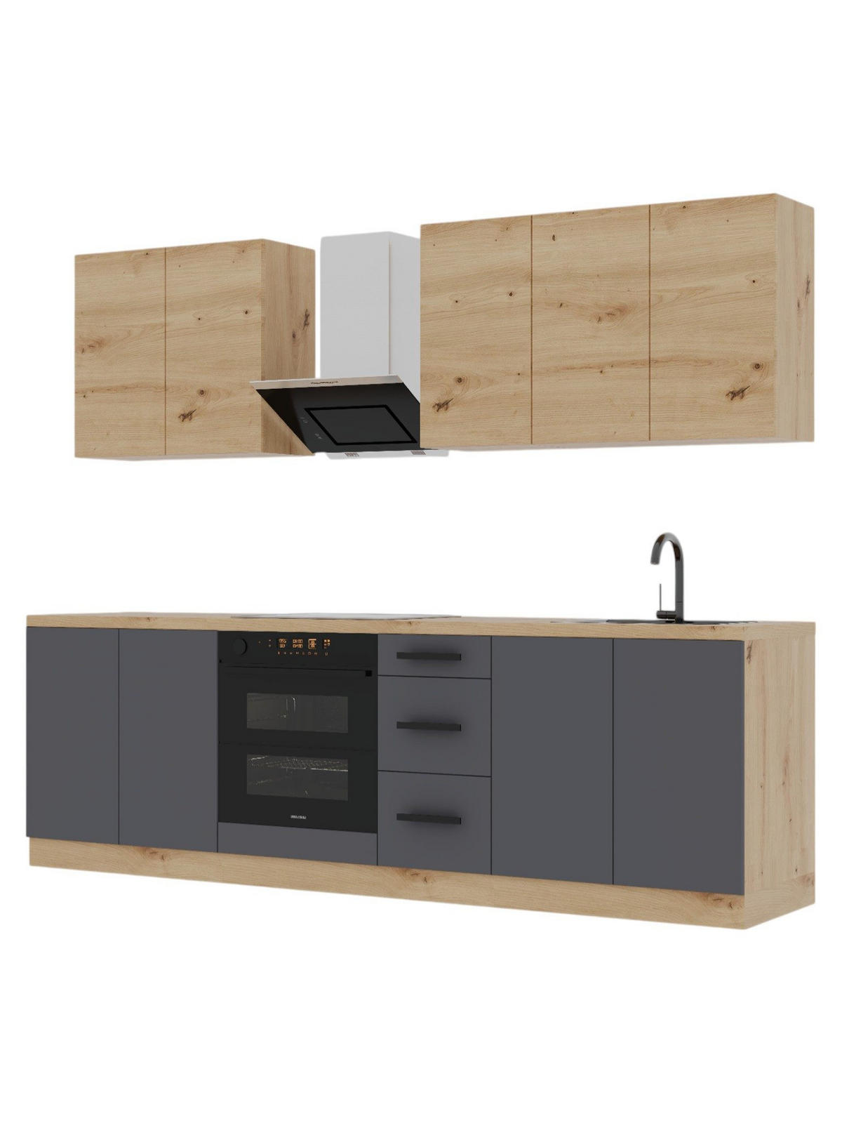 KÜCHENZEILE 260 cm – Nexa K97-G260 – in Grau & Woodline / Matt - Schwarz/Eiche Artisan, Holz/Metall (260/212/58cm) - ROYAL24_MARKT
