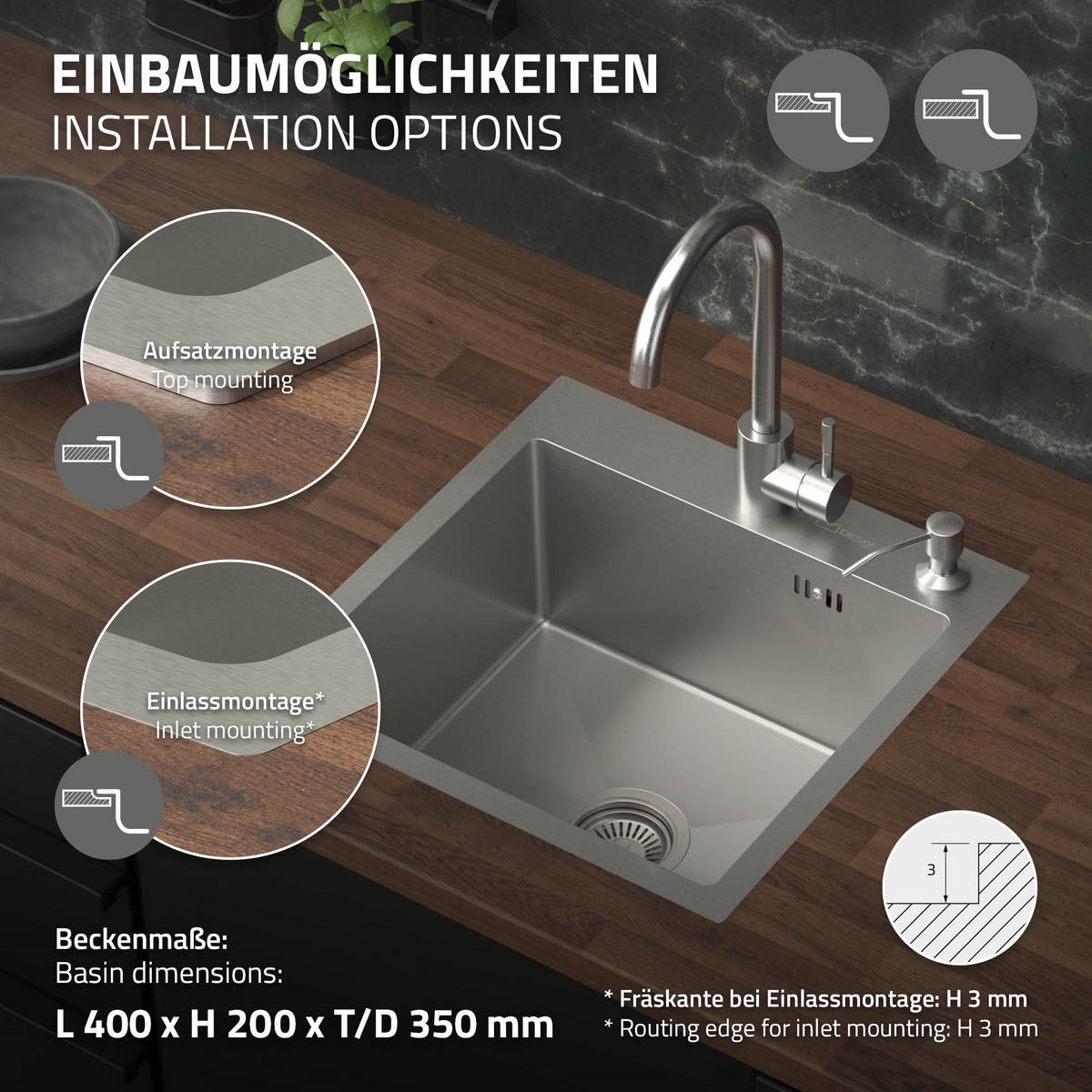 SPÜLBECKEN Edelstahl 45/45cm - Silberfarben, Metall (45/20/45cm) - ML-DESIGN