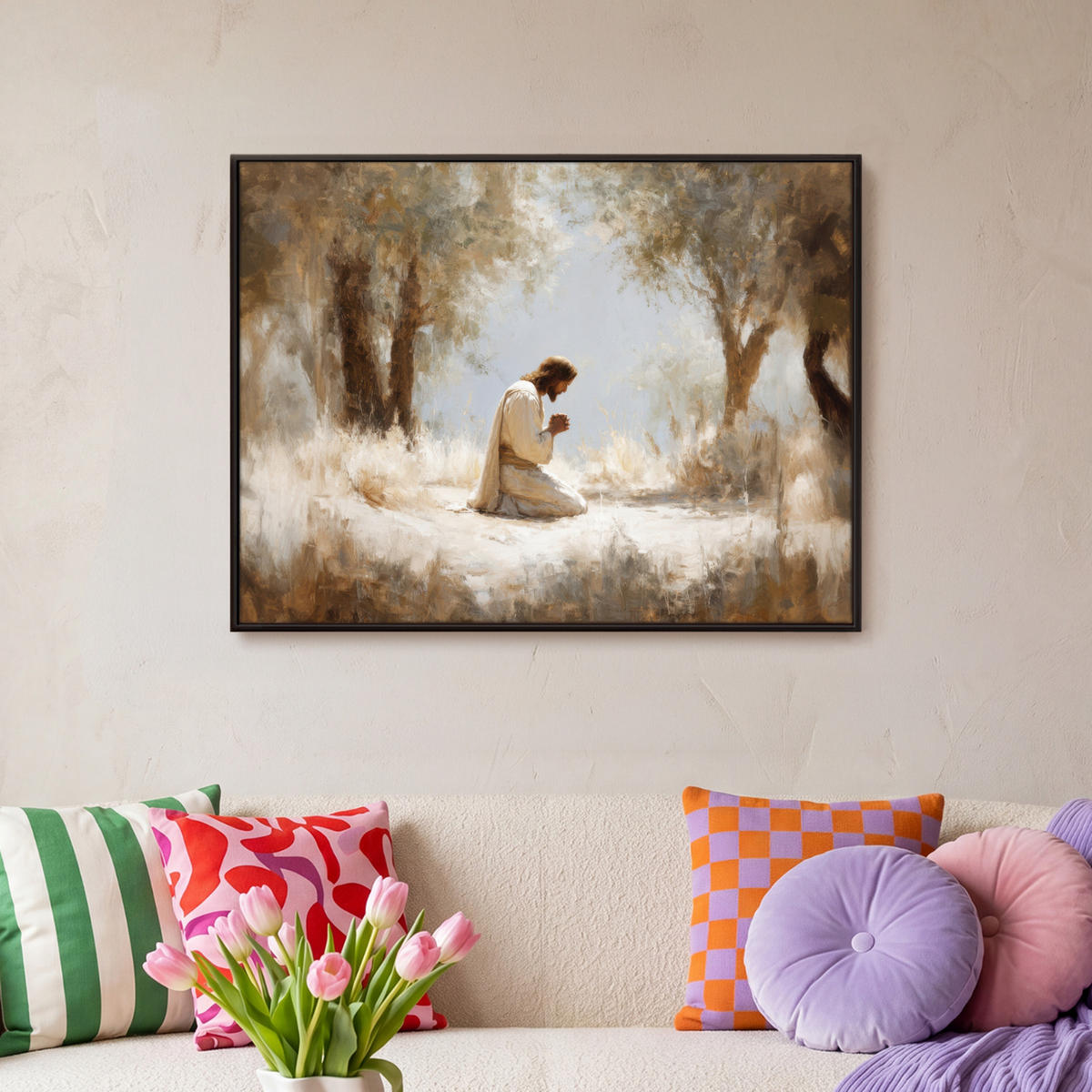 LEINWAND Bilder mit Rahmen - Jesus - Kniend - Waldlandschaft - Betend - 80x60 - Beige, Textil (80/60cm) - MuchoWow