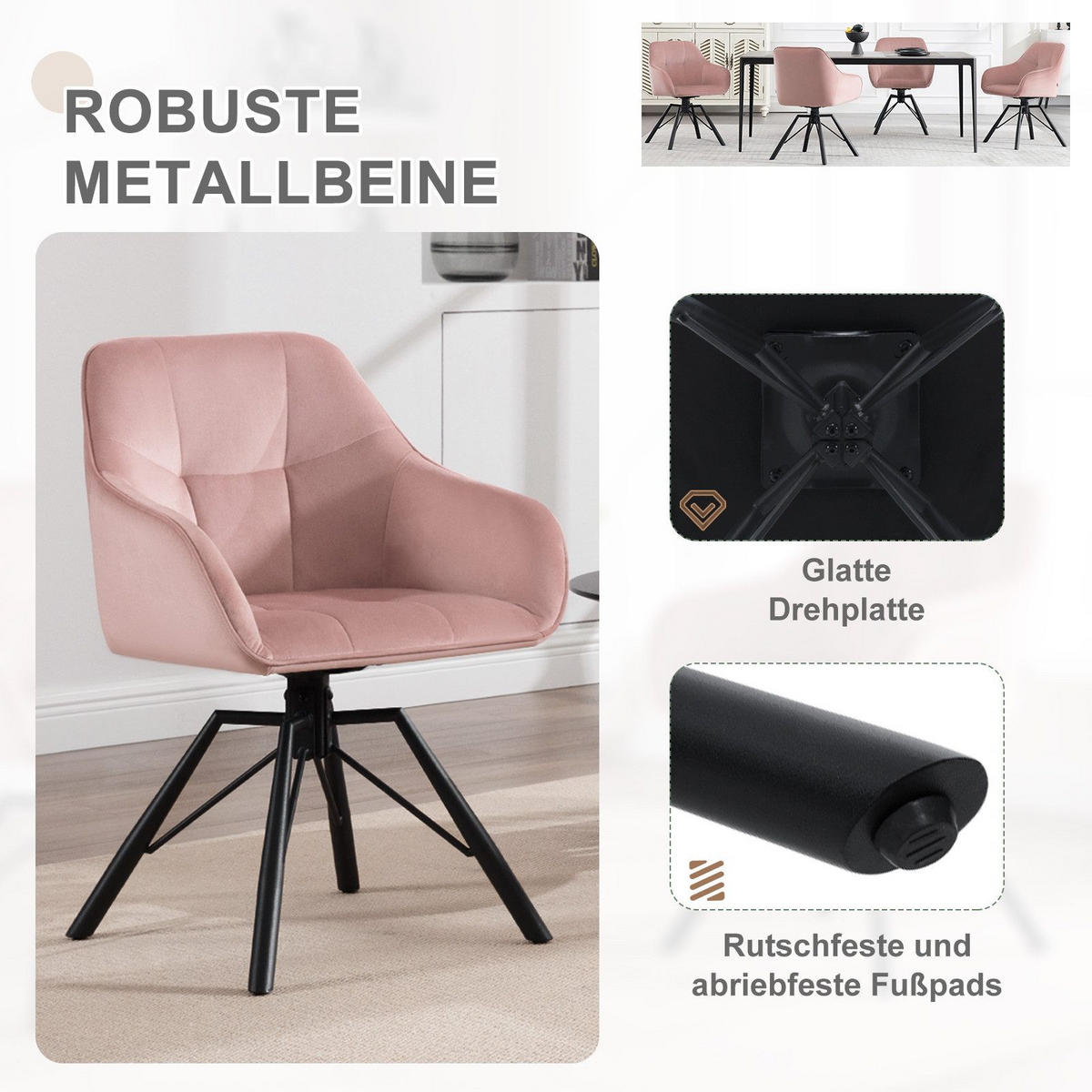 ARMLEHNSTUHL drehbar mit Samtbezug - Schwarz/Rosa, Textil/Metall (57/82.5/54cm) - Woltu