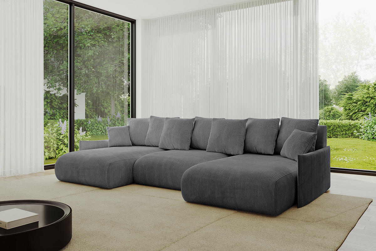 WOHNLANDSCHAFT mit Schlaffunktion und Bettkasten ONESK-U-v1 304x165x40 Dunkelgrau Cord - Dunkelgrau, Holzwerkstoff/Kunststoff (304/90/165cm) - ALTDECOR