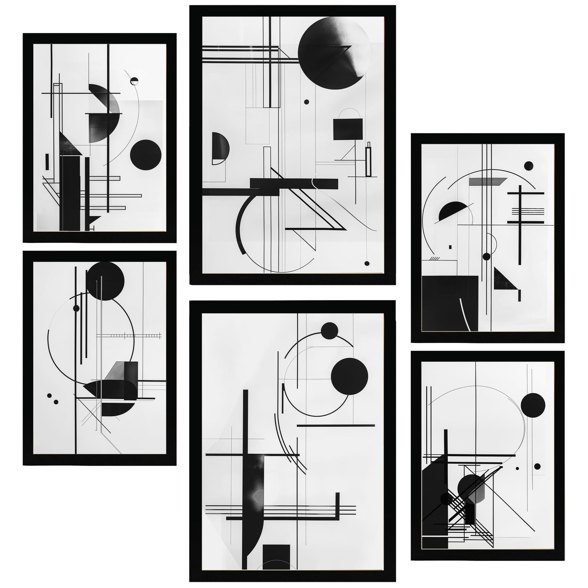 POSTER Set Mit 6 Bauhaus Schwarz Weiß Linien & Formen A3 & A4 Schwarzer Rahmen - Schwarz, Papier (29/3cm) - Nacnic