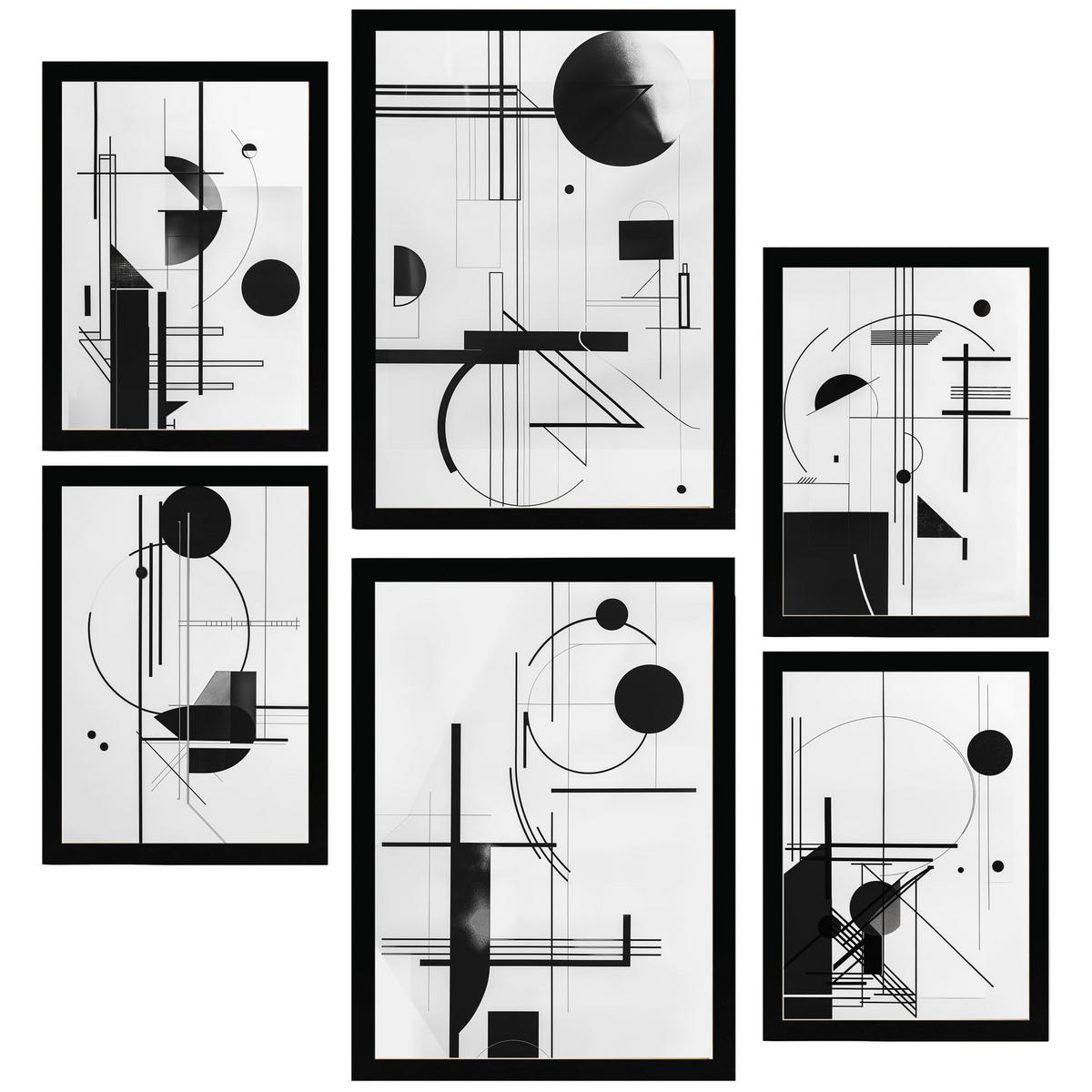 POSTER Set Mit 6 Bauhaus Schwarz Weiß Linien & Formen A3 & A4 Schwarzer Rahmen - Schwarz, Papier (29/3cm) - Nacnic