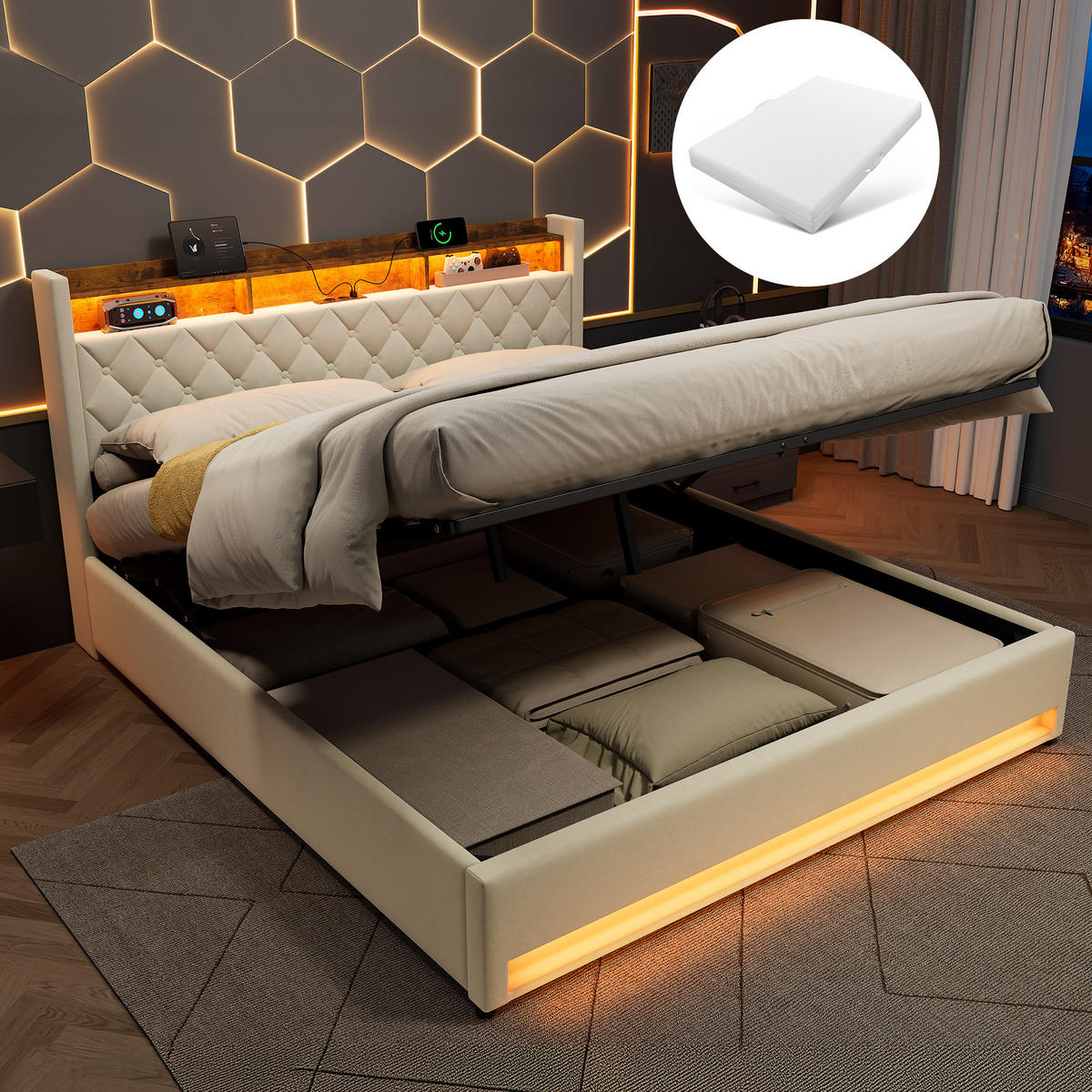 POLSTERBETT 180/200 cm Beige aus Samt, ergonomisch, schmutzabweisend für Zimmer & Hotels - Beige, Textil (180/200cm) - OKMYHOME