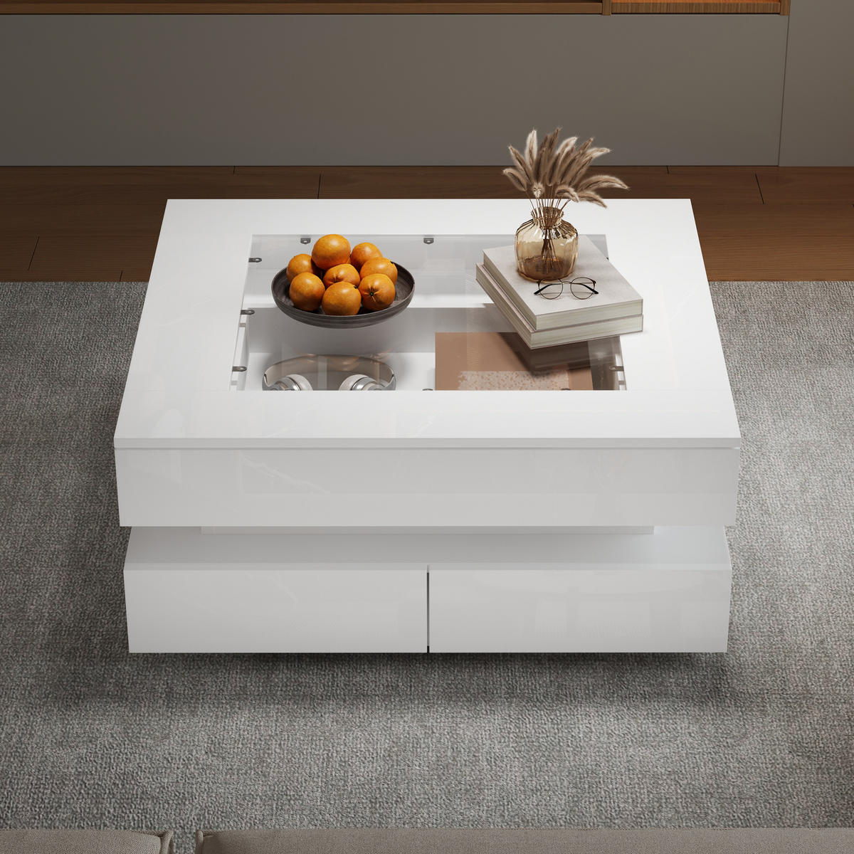 COUCHTISCH LED Glasplatte 3 Schubladen Hochglanz Weiß 70x70cm - Weiß, Holzwerkstoff (70/70/35cm) - FLIEKS