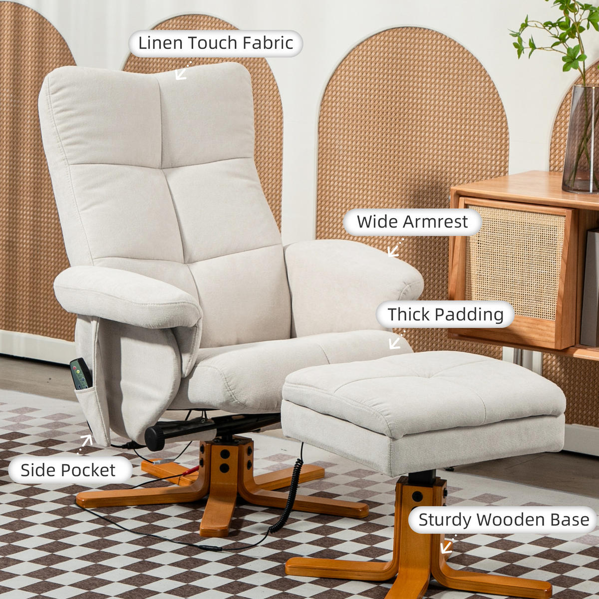 RELAXSESSEL Massagesessel mit Hocker Fernsehsessel mit Liegefunktion Cremeweiß - Creme/Braun, Holz/Textil (86/99/80cm) - HOMCOM
