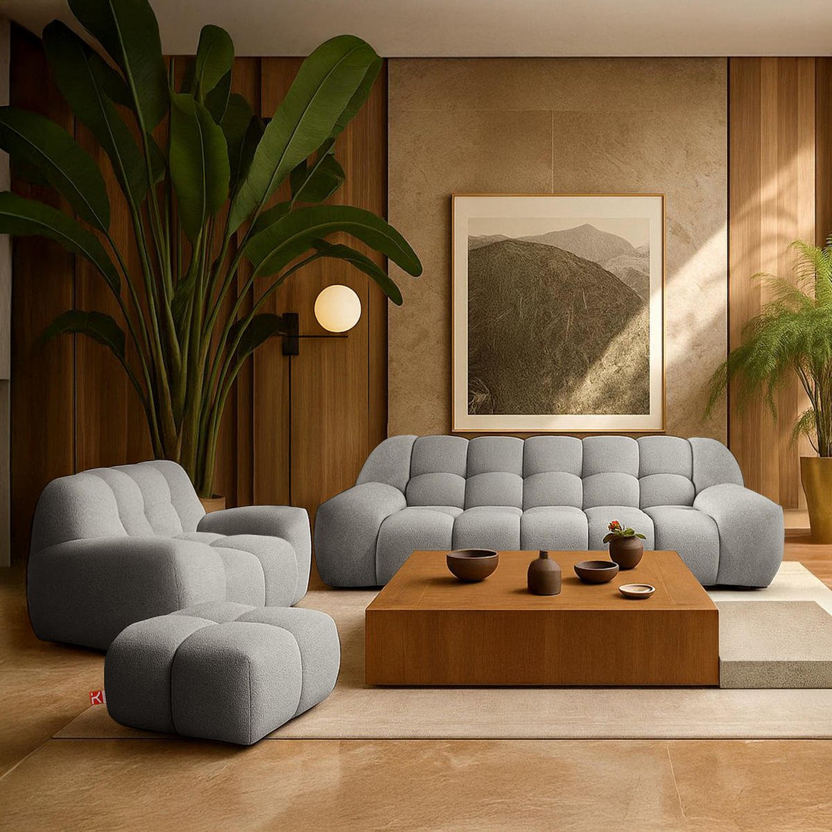 SITZGARNITUR VENA Bouclé, Hellgrau - Hellgrau, Holz/Textil (65/38/65cm) - KONSIMO®