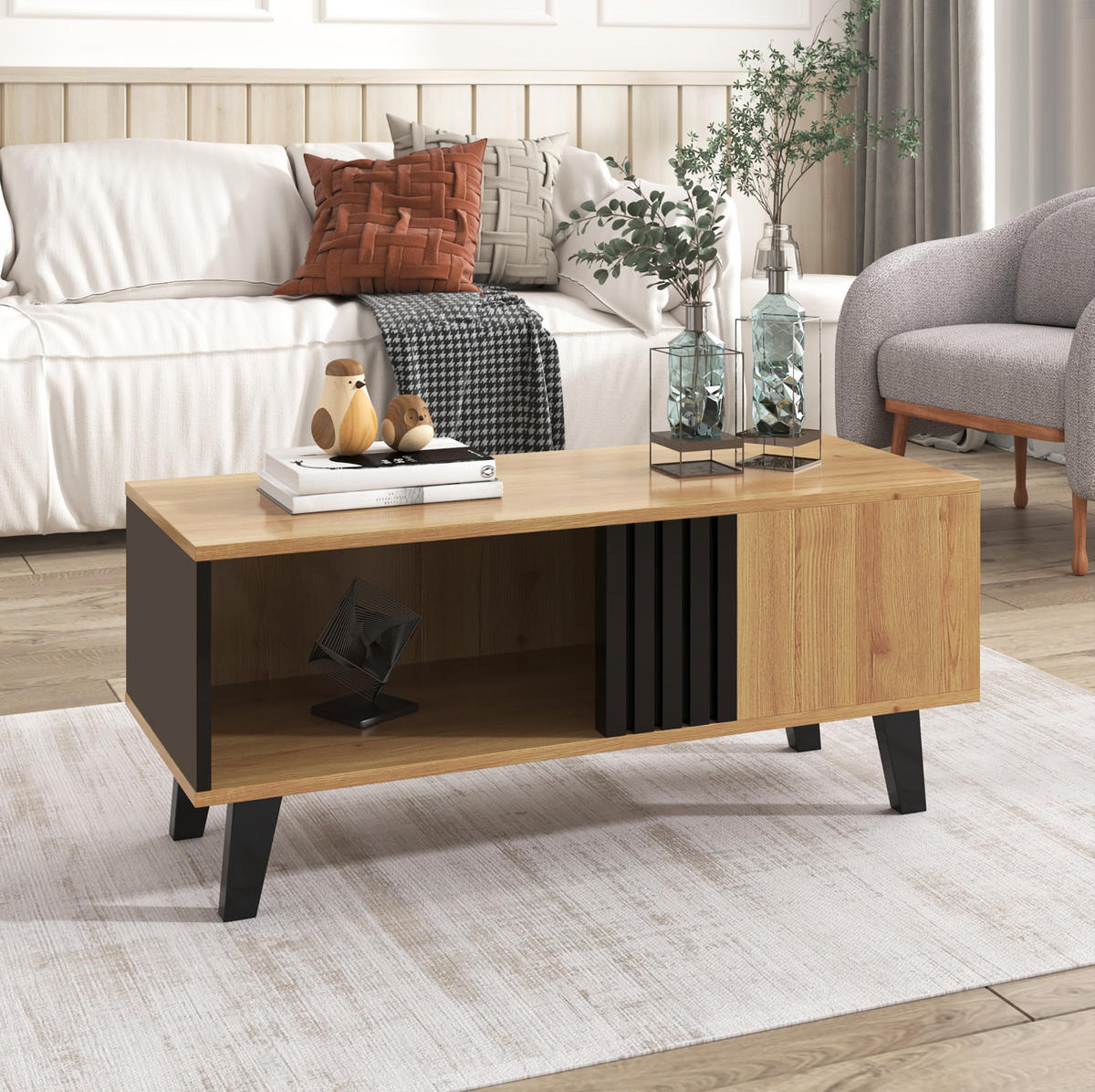 COUCHTISCH, Glas & Spanplatte, naturfarbene Platte mit schwarzen Beinen, großes Staufach, 100/60/45 cm, Schwarz und Holz - Naturfarben, Holzwerkstoff (100/60/45cm) - Redom