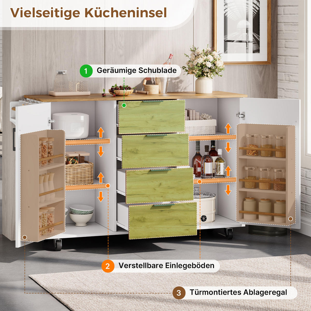 KÜCHENINSEL auf Rollen 120/45/90 cm Weiß mit klappbarer Arbeitsplatte, 4 Schublade und Gewürzregal - Silberfarben/Weiß, Holz/Holzwerkstoff (70/90/120cm) - Oxeza