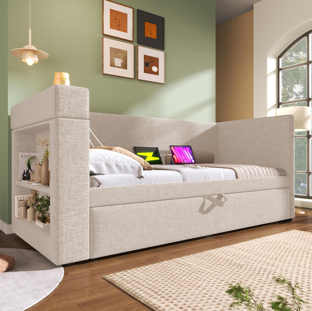 ROZKLÁDACÍ postel 90/190 cm béžová z bavlny a lnu s výsuvným lůžkem a USB nabíjením - béžová, textil (90/190cm) - OKWISH