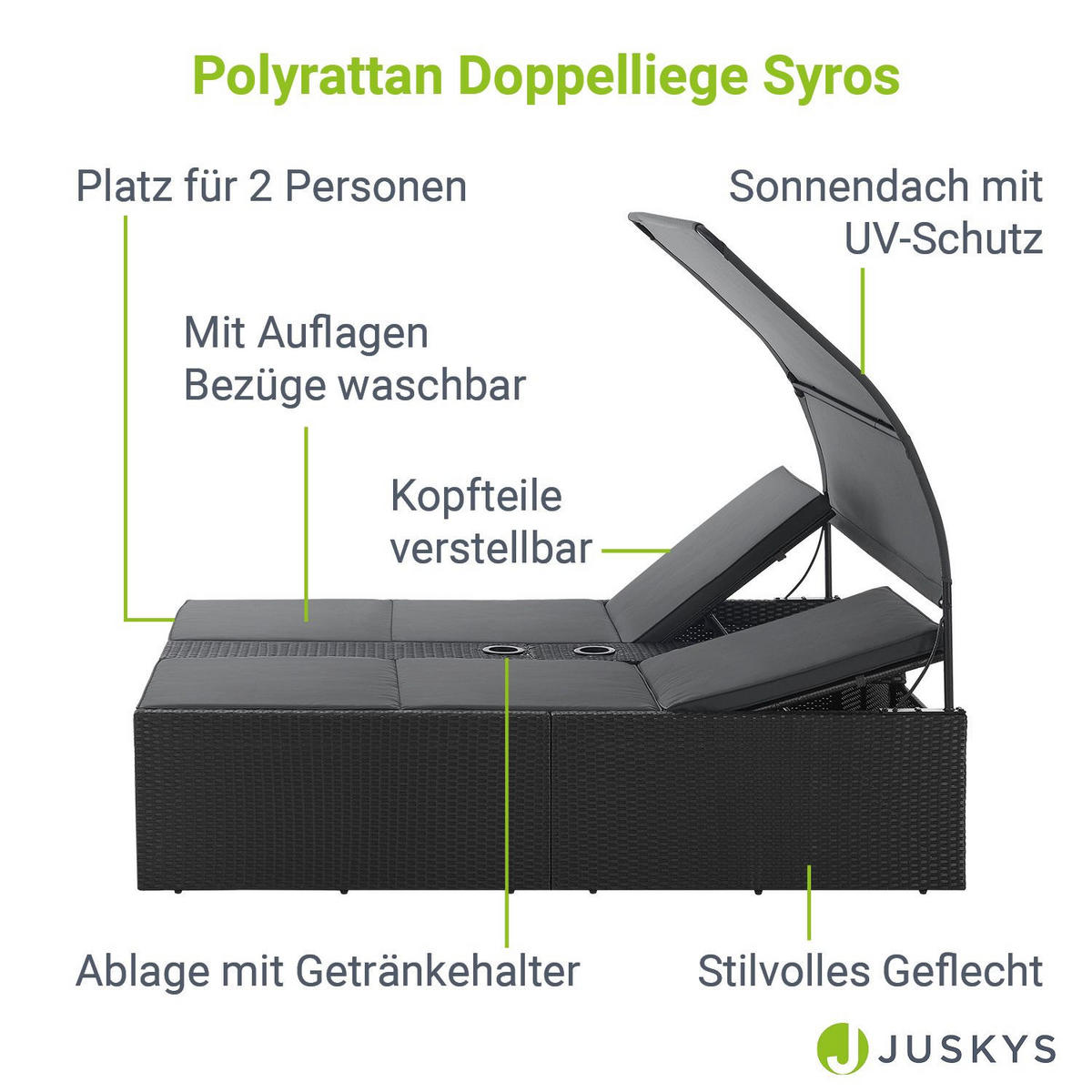 DOPPEL-SONNENLIEGE Syros mit Dach schwarz - Schwarz, Metall (160/156/200cm) - Juskys