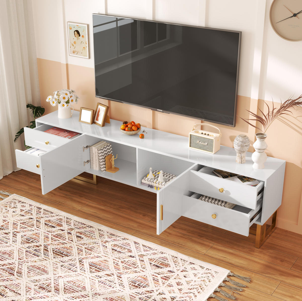 TV-LOWBOARD aus MDF 175x30x46 cm Weiß mit 4 Schubladen, 2 Türen und goldfarbenen Metallfüßen - Weiß, Holzwerkstoff (175/46/30cm) - Modfu