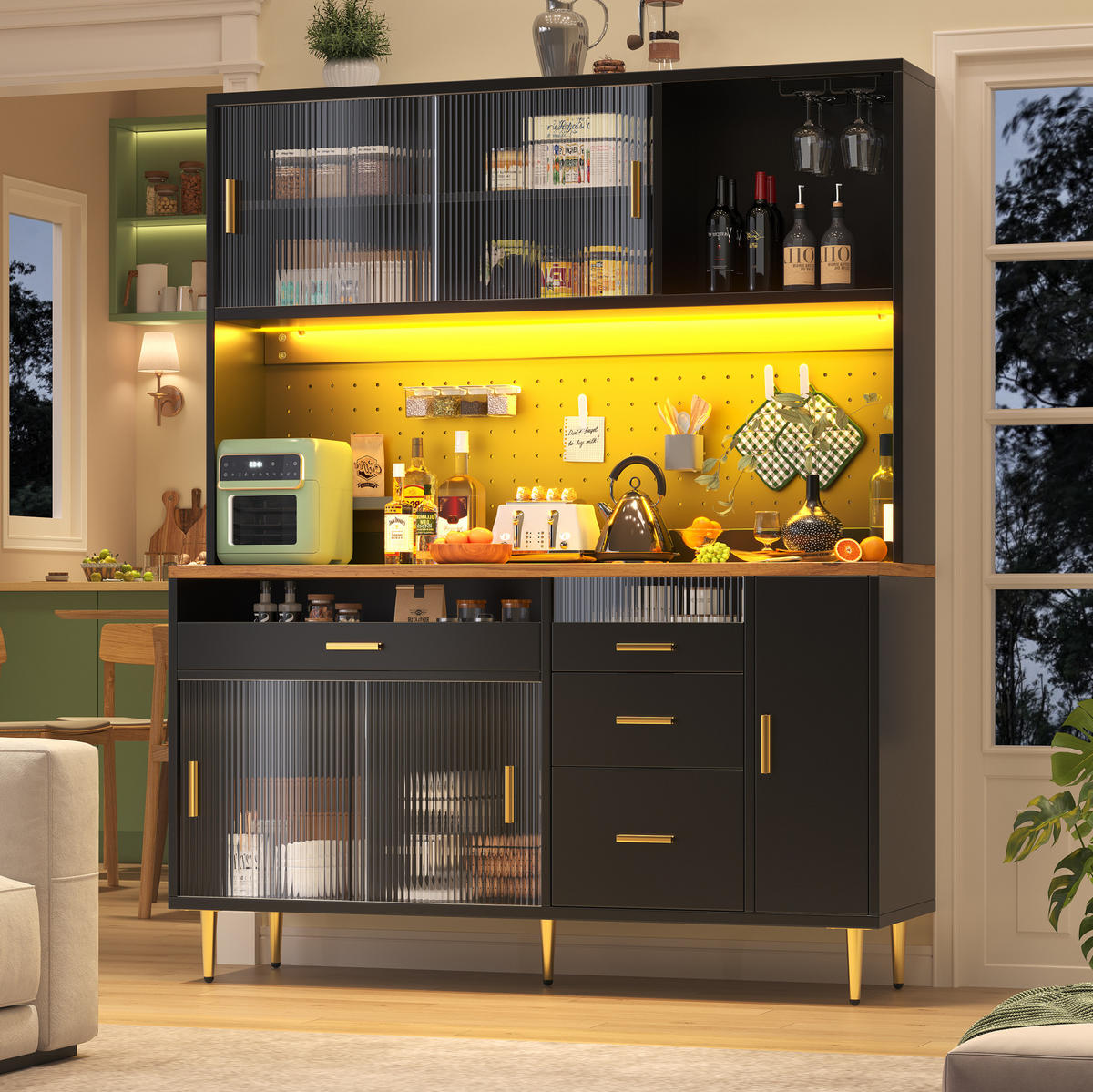 BUFFET 145/39/171 cm in Schwarz mit LED-Beleuchtung und Glasschiebetüren - Schwarz, Glas (145/171/24cm) - Flora Grace