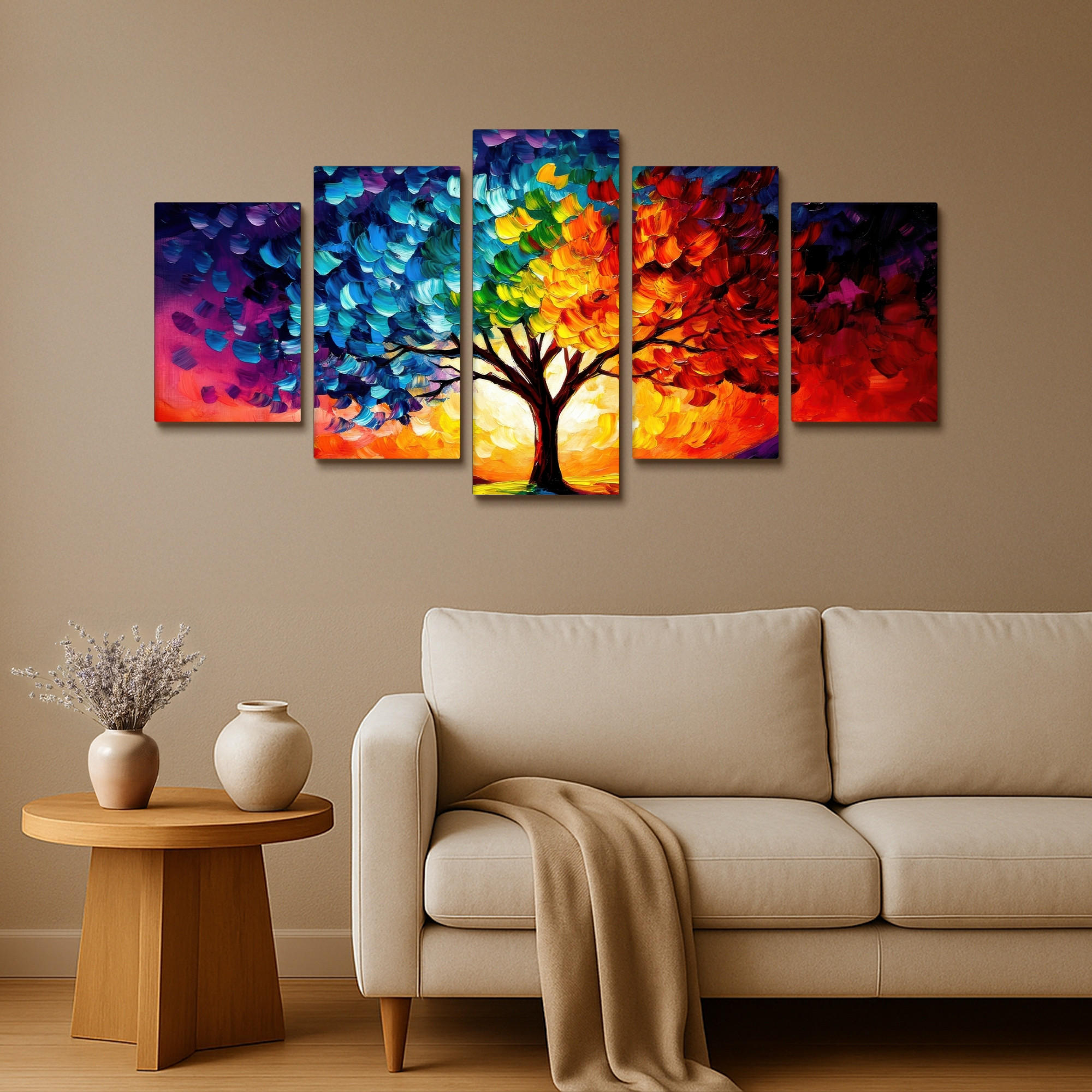LEINWANDBILD 5er Set Baum - Farbenfroh - Malerei-Look - Abstrakt 100x50 cm - Multicolor, Textil (100/50cm) - MuchoWow