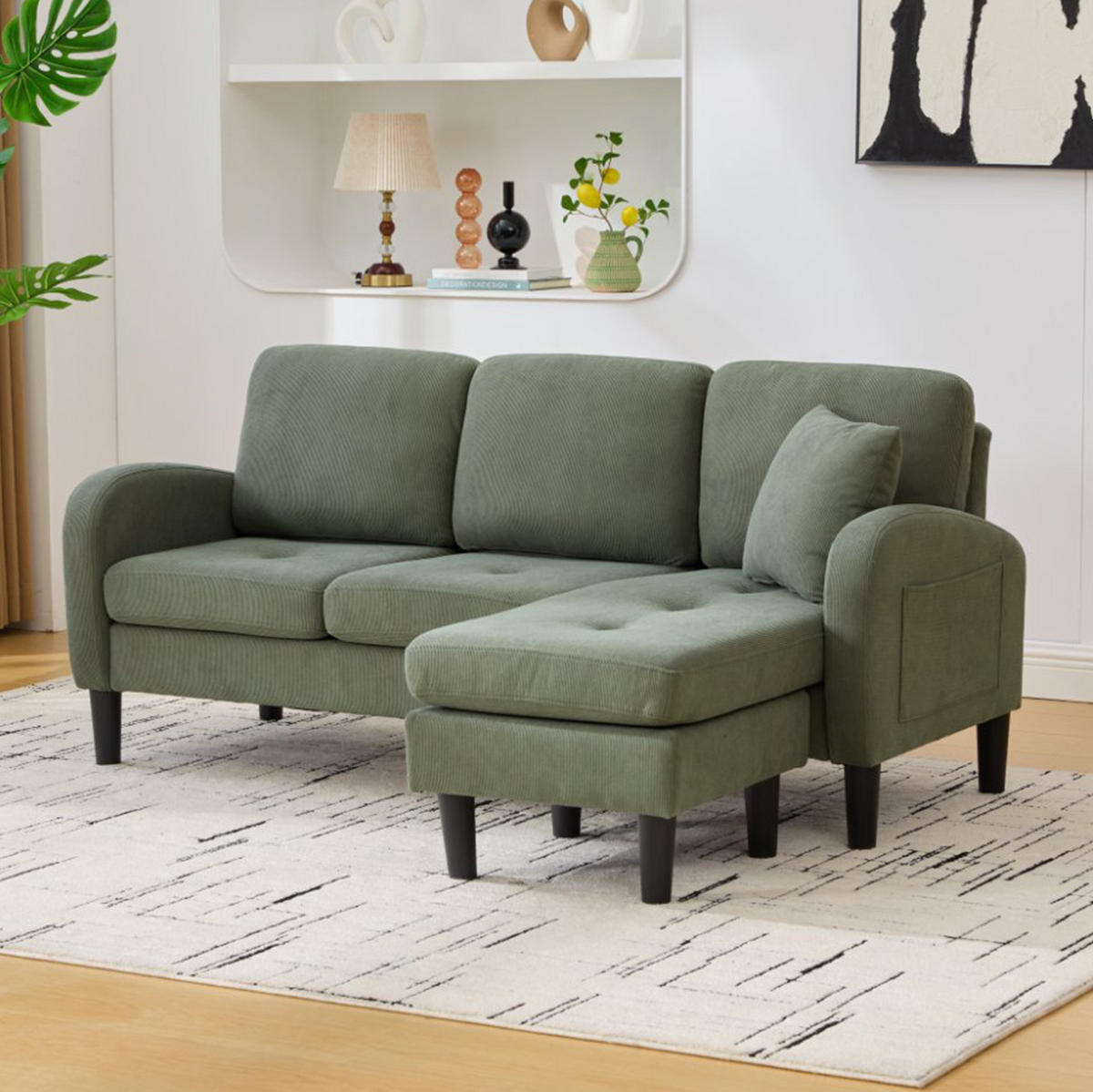 ECKSOFA 166/118/77 cm Grün aus Cord mit Chaiselongue - Grün, Textil (118/166cm) - OKMYHOME