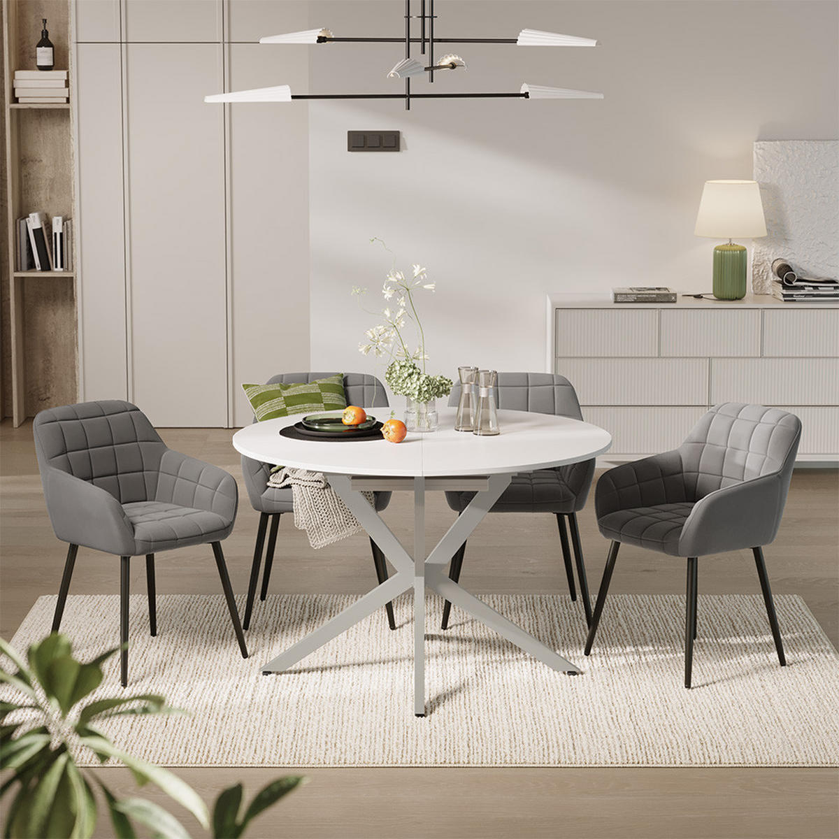 ESSTISCH-SET Loyd, Weiß/Grau, 120 x 120 cm mit 4 Esszimmerstühlen (Grau) - Weiß/Grau, Holzwerkstoff (120/76.5/120cm) - Vicco