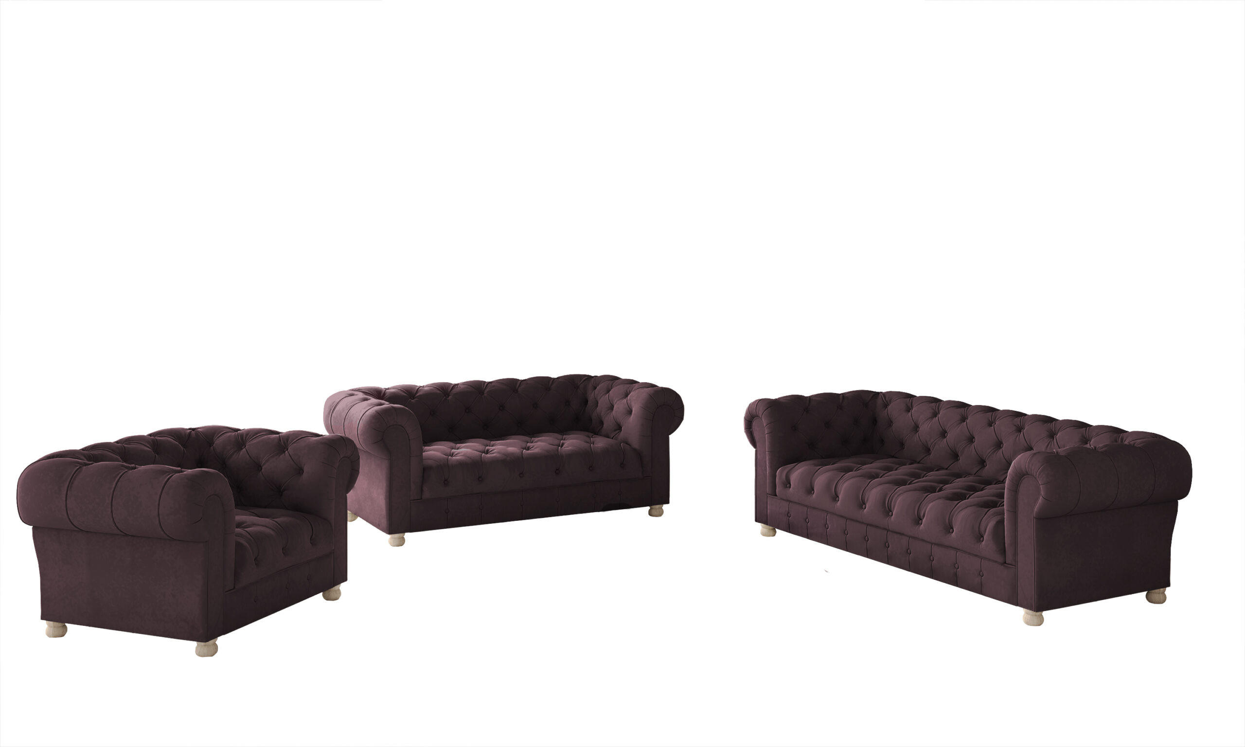 SITZGARNITUR 3+2+1 CHESTERFIELD Elegant Klassisch Schick Stoff Whisper Velours Stoff Rotwein - Rot, Holz/Textil (202/77/90cm) - Kaiser Möbel