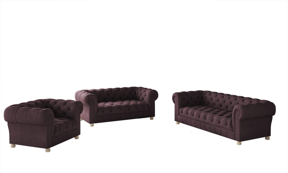 SITZGARNITUR 3+2+1 CHESTERFIELD Elegant Klassisch Schick Stoff Whisper Velours Stoff Rotwein - Rot, Holz/Textil (202/77/90cm) - Kaiser Möbel