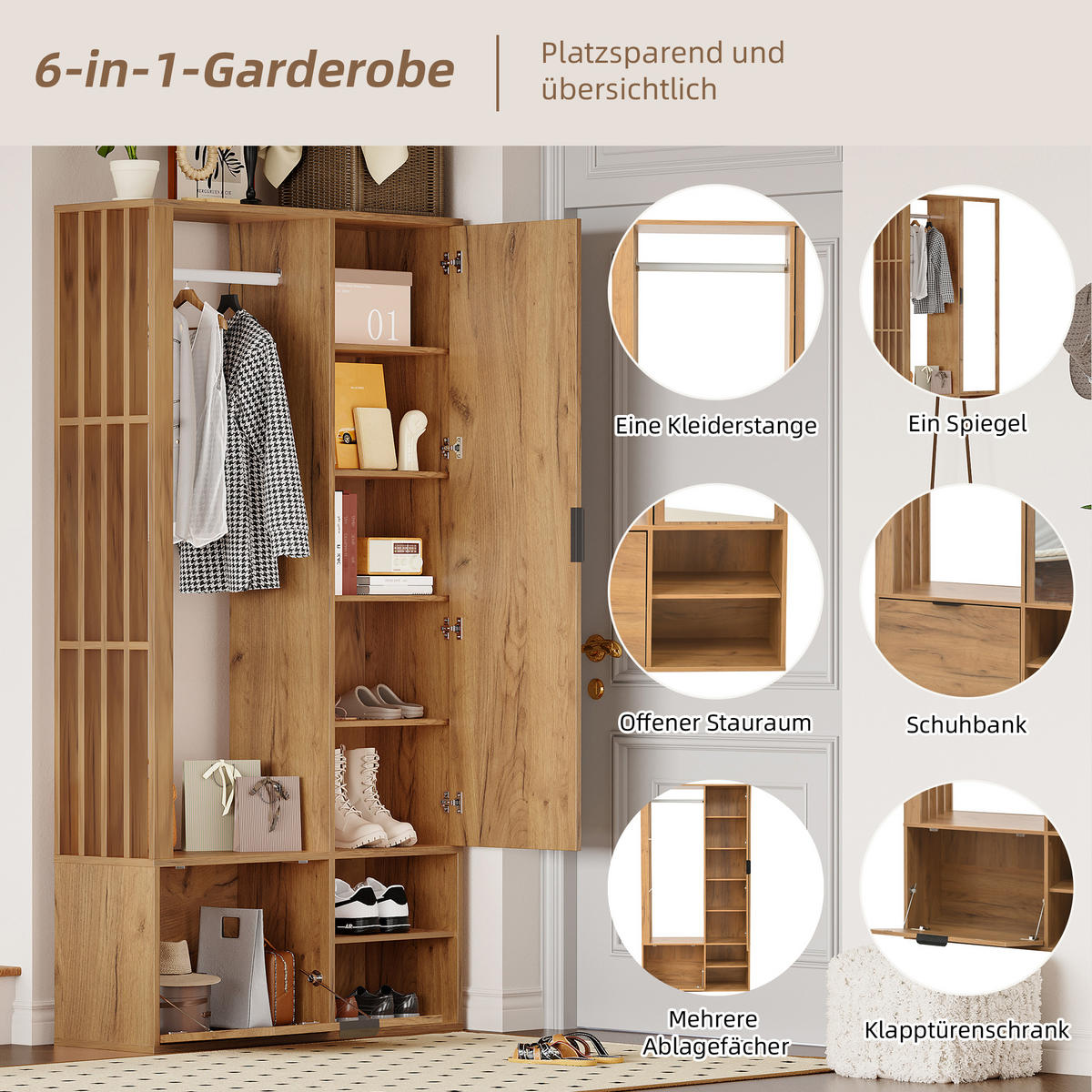 GARDEROBENSCHRANK 6 in 1 Spiegel 100cm Flur Holzfarbe - Naturfarben, Holzwerkstoff (100/190/33cm) - FLIEKS