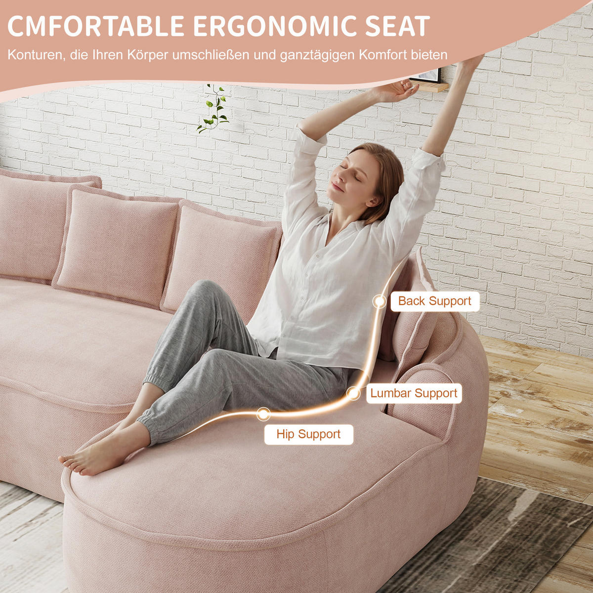 3-SITZER Sofa 252×164×67 cm aus Chenille-Stoff rahmenlos montagefrei, rosa - Rosa, Textil (164/67/252cm)