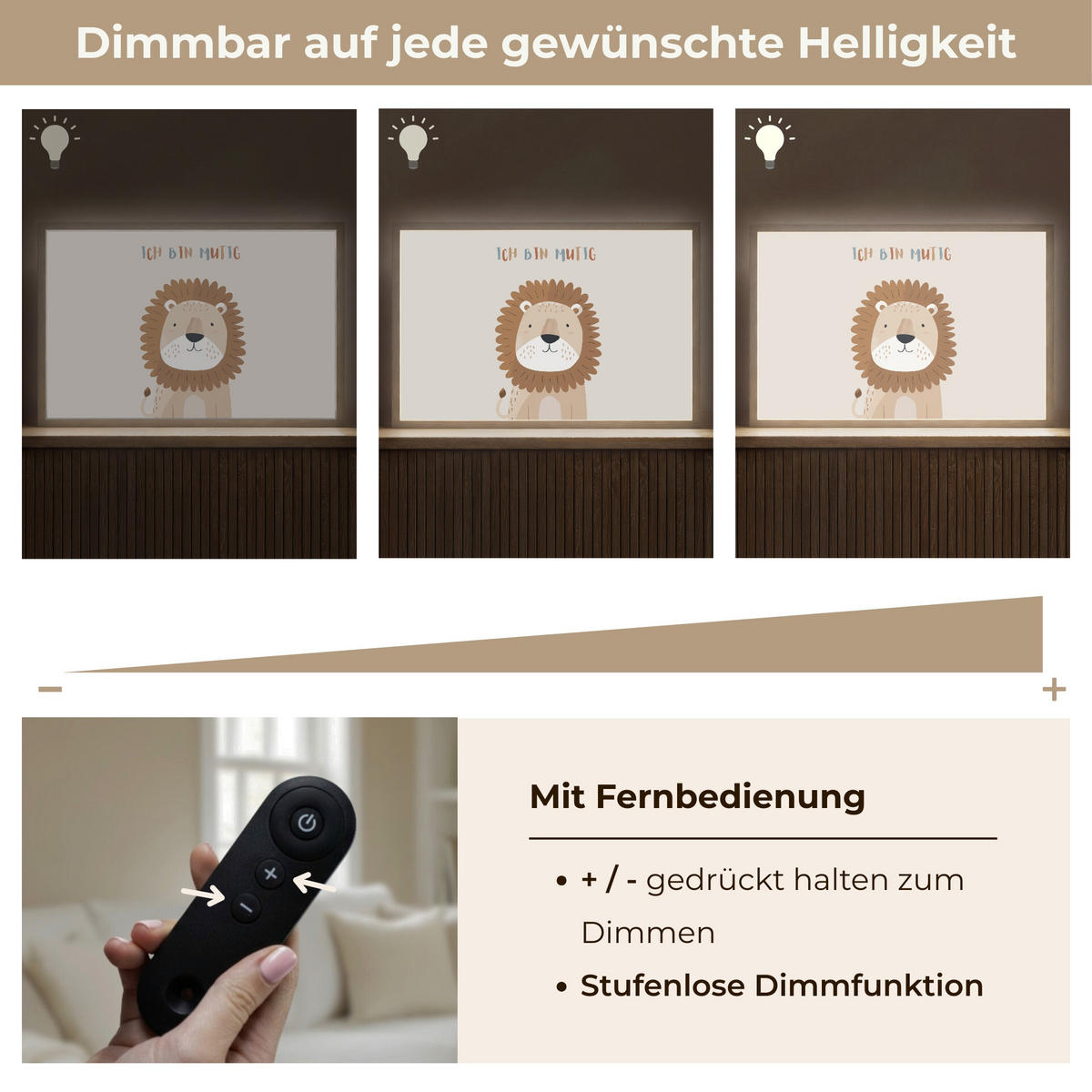 NACHTTISCHLAMPE MIT AKKU Löwe - Beige - Tier - Mutig - Zitat 60x40 cm - Beige, Holzwerkstoff (8/60/40cm) - OnlyWow
