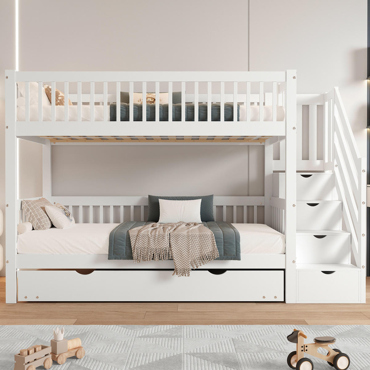 ETAGENBETT aus Kiefer und MDF 90x200/190 cm Weiß mit Rollbett, Leiterschrank und Rundum-Fallschutz - Weiß, Holzwerkstoff (90/200cm) - Modfu