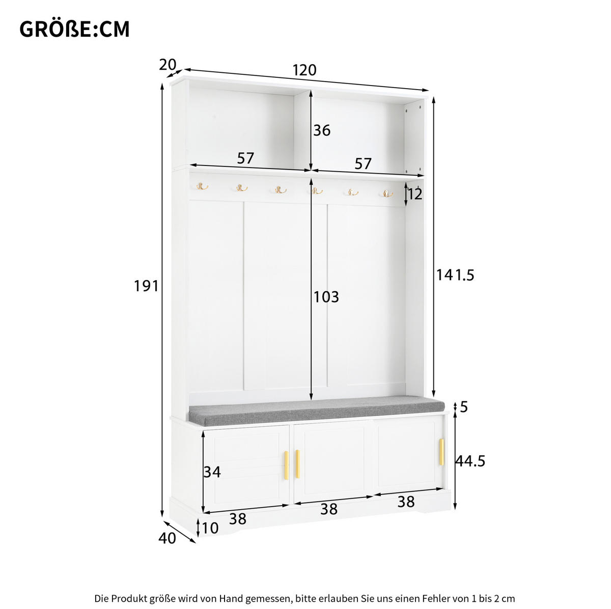 GARDEROBE 120/40/191 cm aus Spanplatte mit Schuhbank und 6 Dreifachhaken Weiß - Weiß, Holzwerkstoff (120/191/40cm) - Modenvie