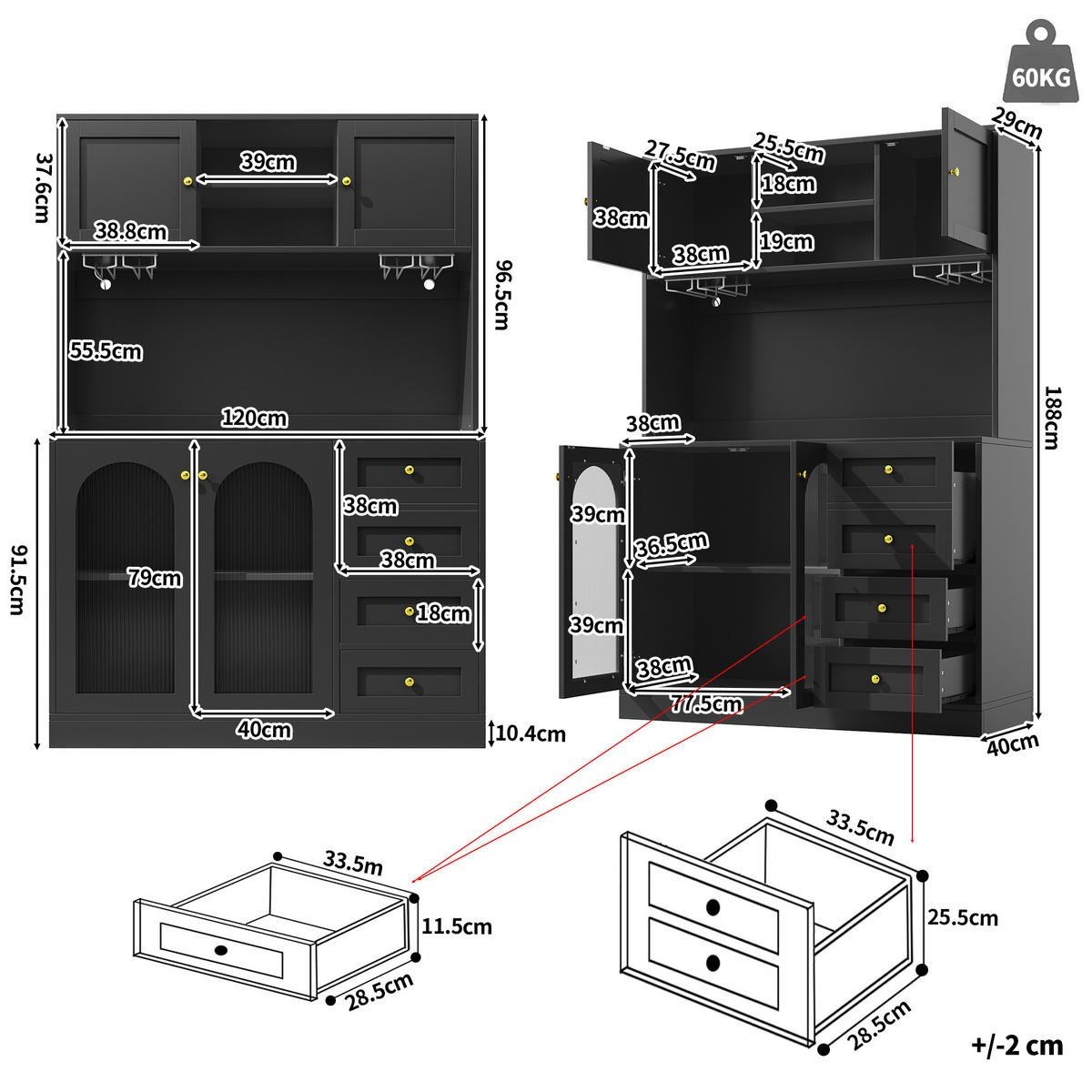 HIGHBOARD in Schwarz mit LED-Lichtleiste und Schubladen für Küche und Wohnzimmer, B120/T40/H188 cm - Schwarz, Glas/Holzwerkstoff (120/188/40cm) - STILVORA