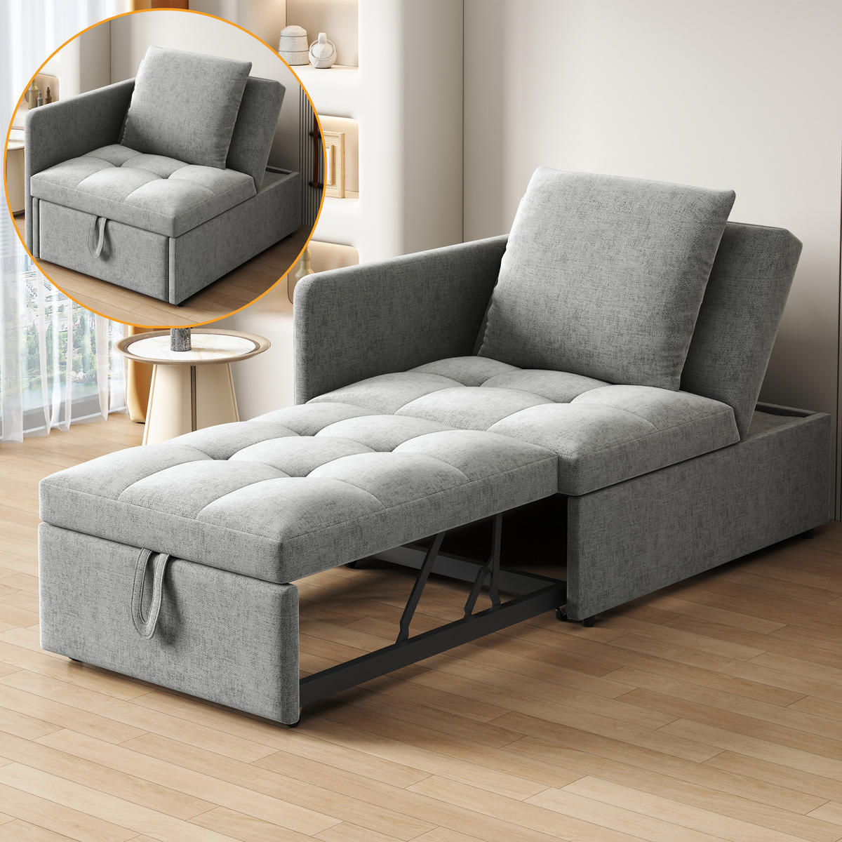 SCHLAFSOFA Leinen Grau mit Verstellbarer Rückenlehne und mit Kissen - Hellgrau, Holzwerkstoff/Textil (177/65/68cm) - WISHDOR