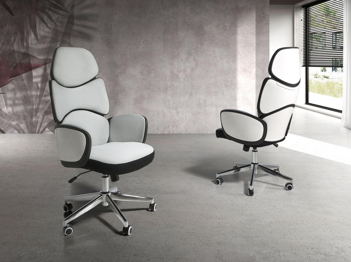 CHEFSESSEL Bürodrehstuhl aus hellgrauem Stoff und glänzend weißem PVC 64/69/118 cm - Edelstahlfarben/Weiß, Textil (64/118/69cm) - ANGEL CERDA