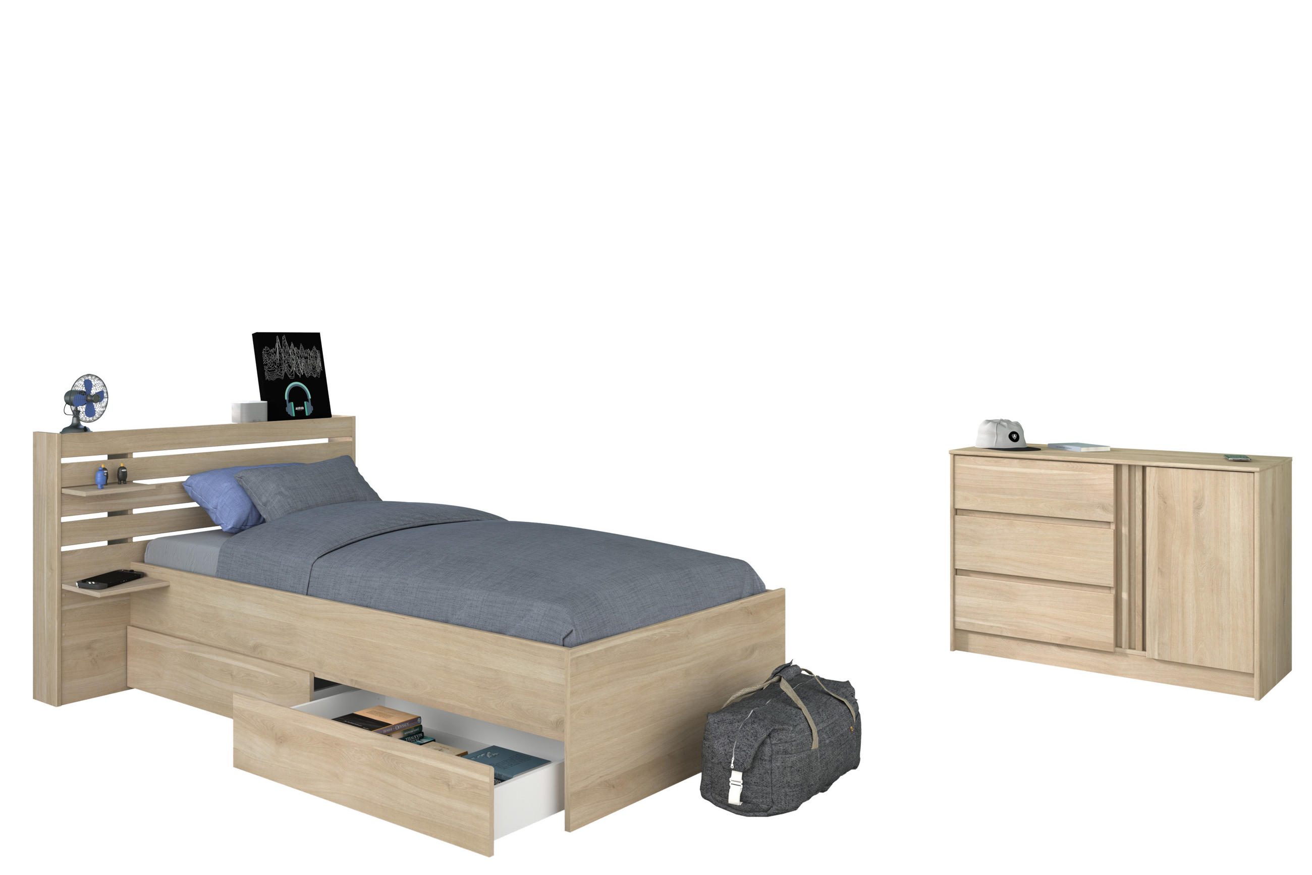 STAURAUMBETT Escale 11 in Japanischer Eiche 90x200cm mit Kommode von Parisot - Braun, Holzwerkstoff (90/200cm)