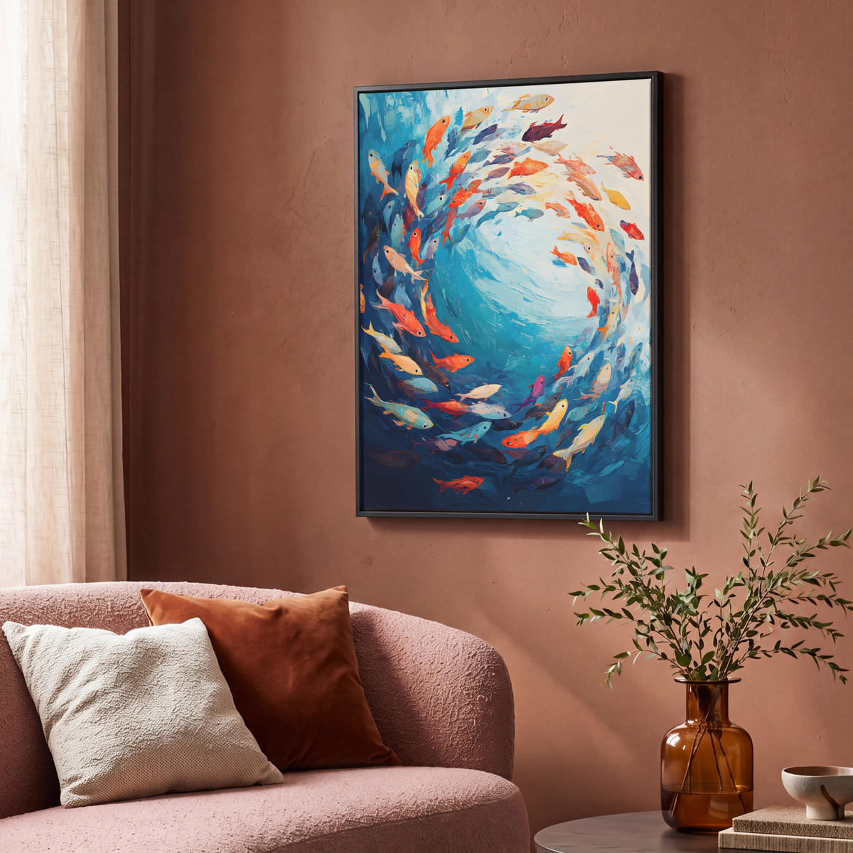 LEINWAND Bilder mit Rahmen - Meer - Fische - Bunt - Dynamisch - 70x100 - Hellblau, Textil (70/100cm) - MuchoWow