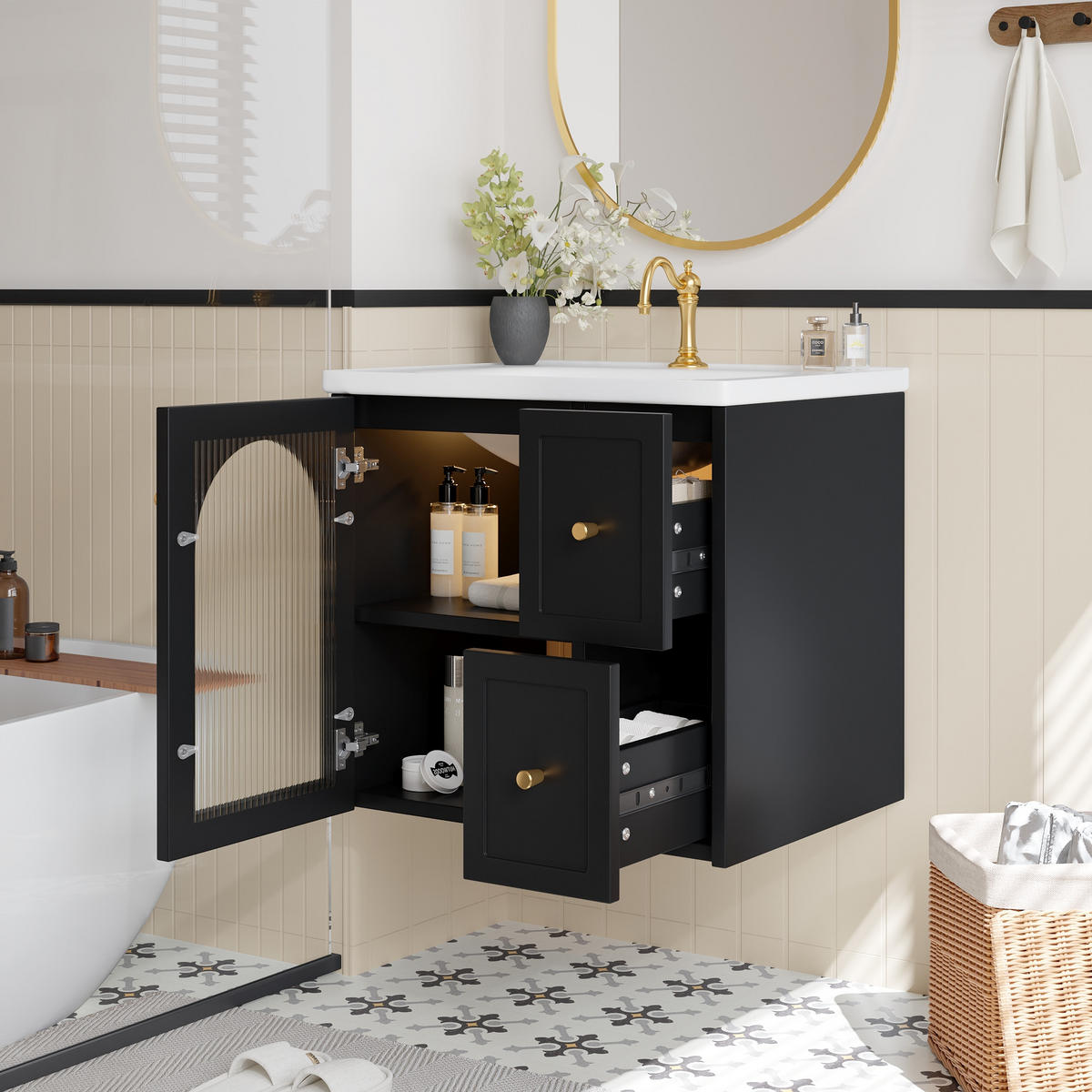 WASCHBECKENUNTERSCHRANK Keramik LED Glastür Soft-Close - Schwarz, Holzwerkstoff (60.5/57/47.5cm) - FLIEKS