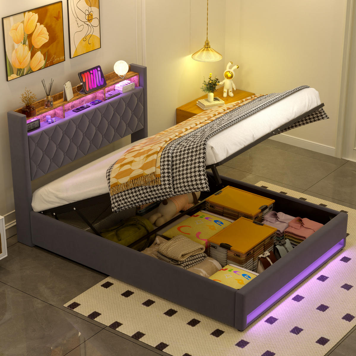 POLSTERBETT 160x200cm mit LED-Beleuchtung,mit Matratze,graues Bett - Grau, Holzwerkstoff/Textil (160/200cm) - EVRYAE