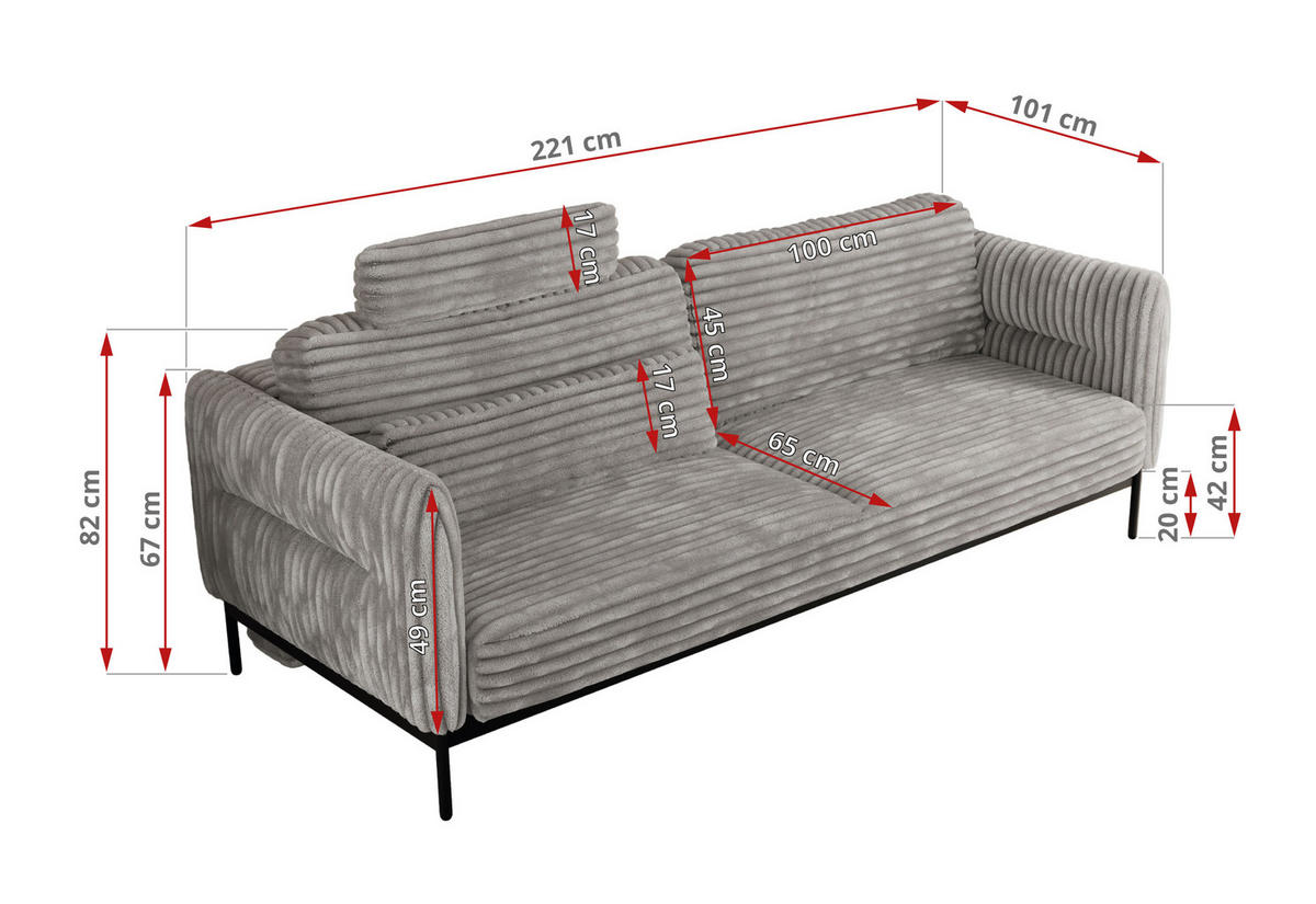 SOFA SALENTO Hellgrau Cord - Hellgrau/Schwarz, Textil/Metall (221/82/101cm) - MKS